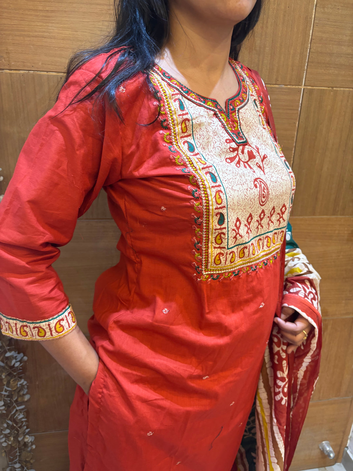 Rust Cotton Embroidered Suit Set With Mul Cotton Printed Dupatta