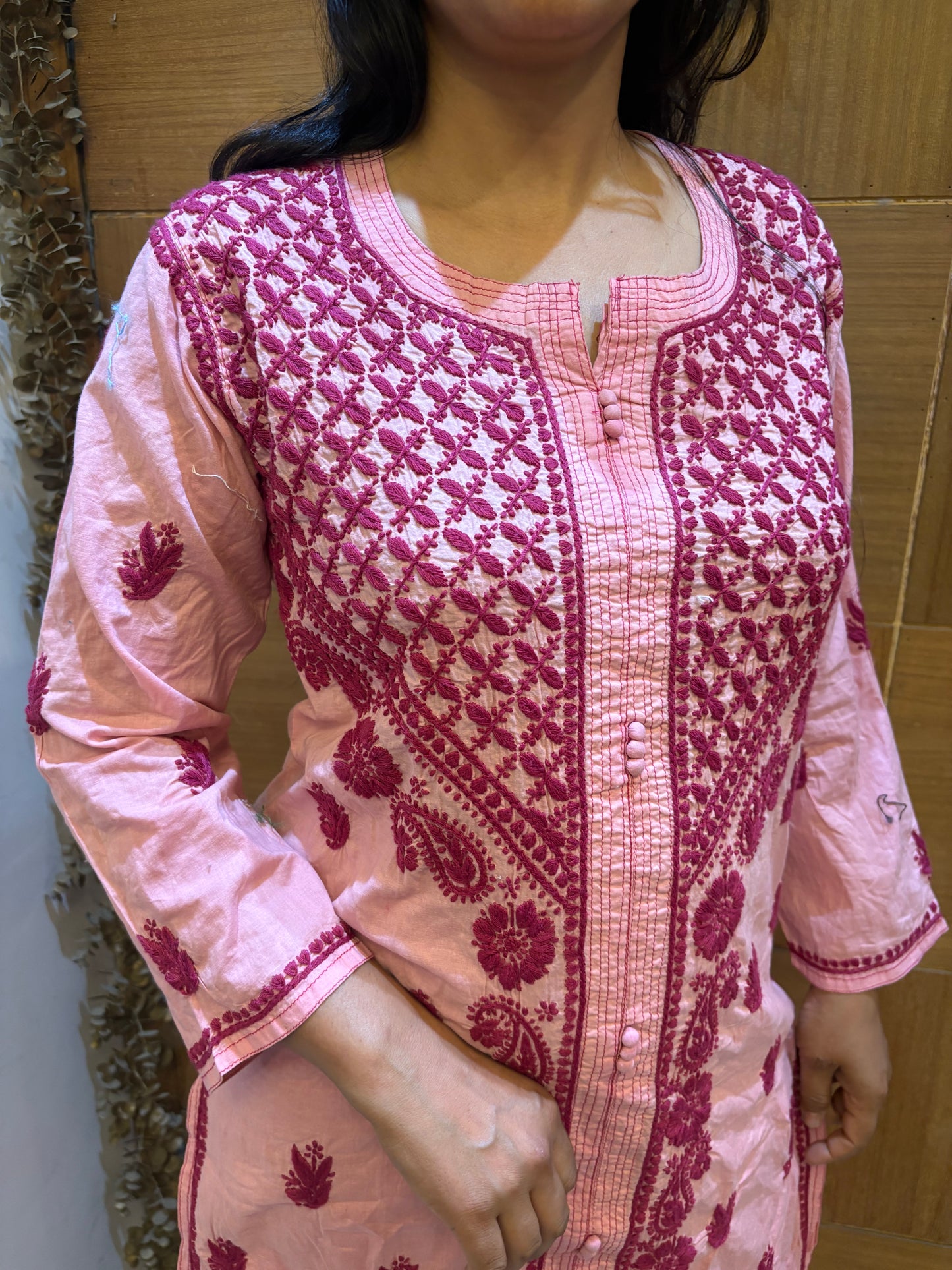Baby Pink Parsi Work Straight Kurti