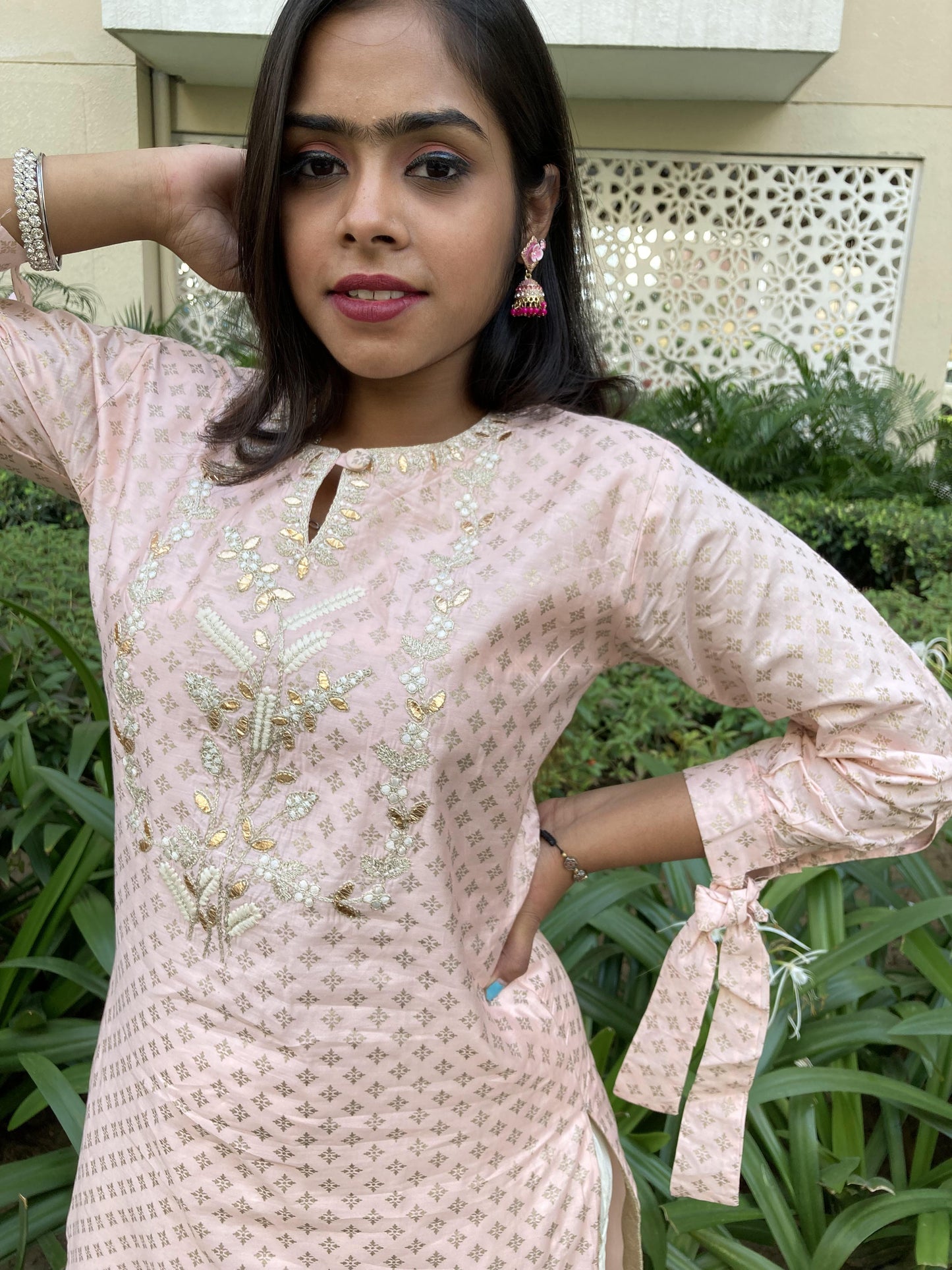 Peach Designer Sleeve Knot Plazo suit Set