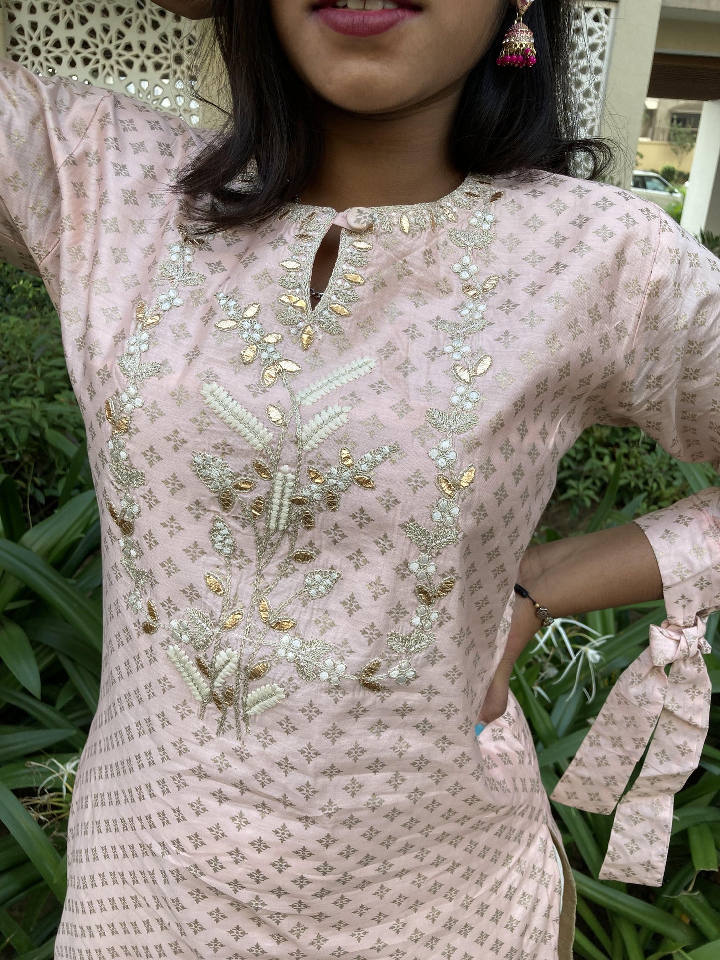 Peach Designer Sleeve Knot Plazo suit Set