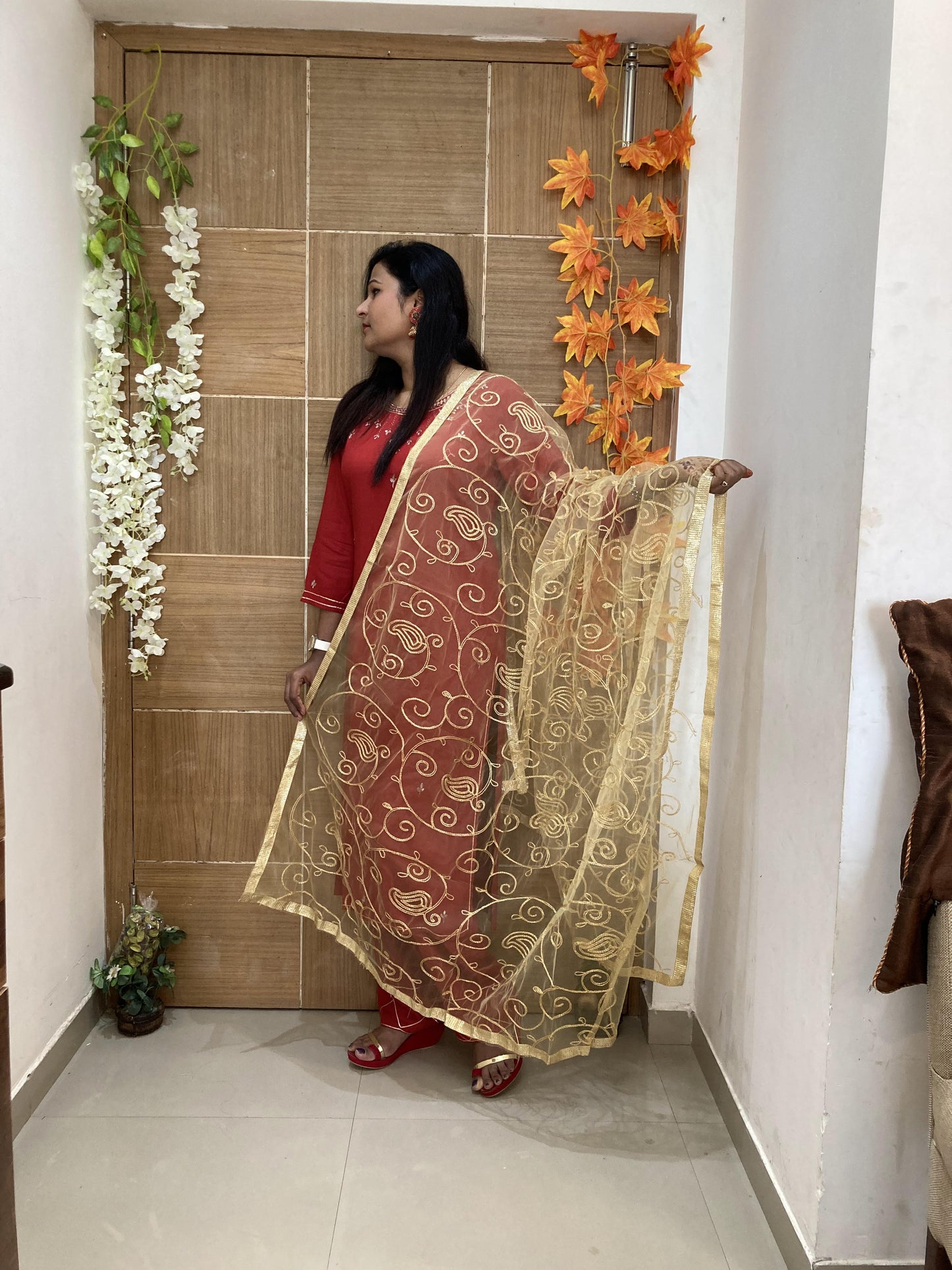 Golden Designer Dupatta with Zari Embroidery