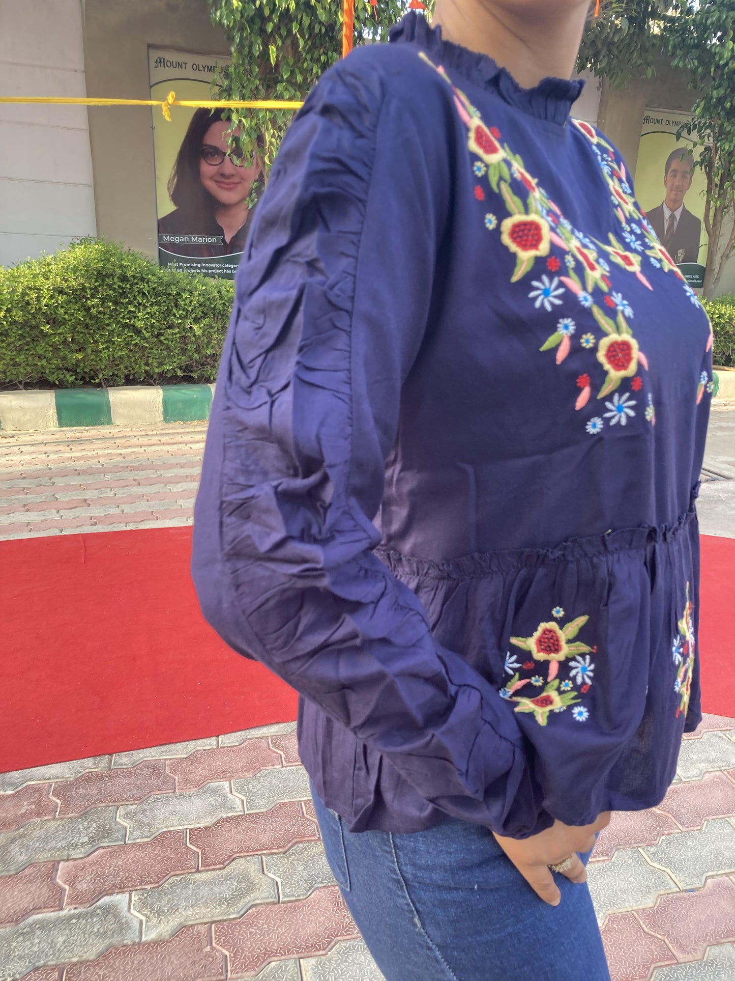 Blue Embroidery Western Top