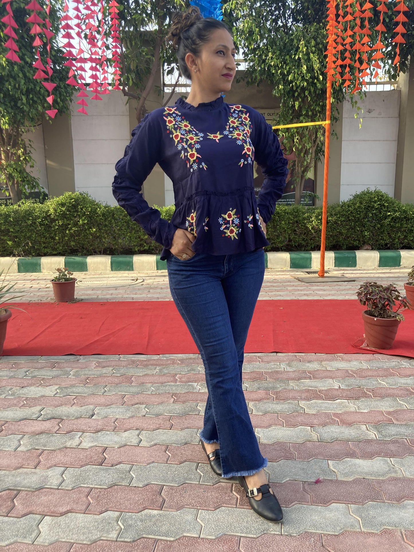 Blue Embroidery Western Top