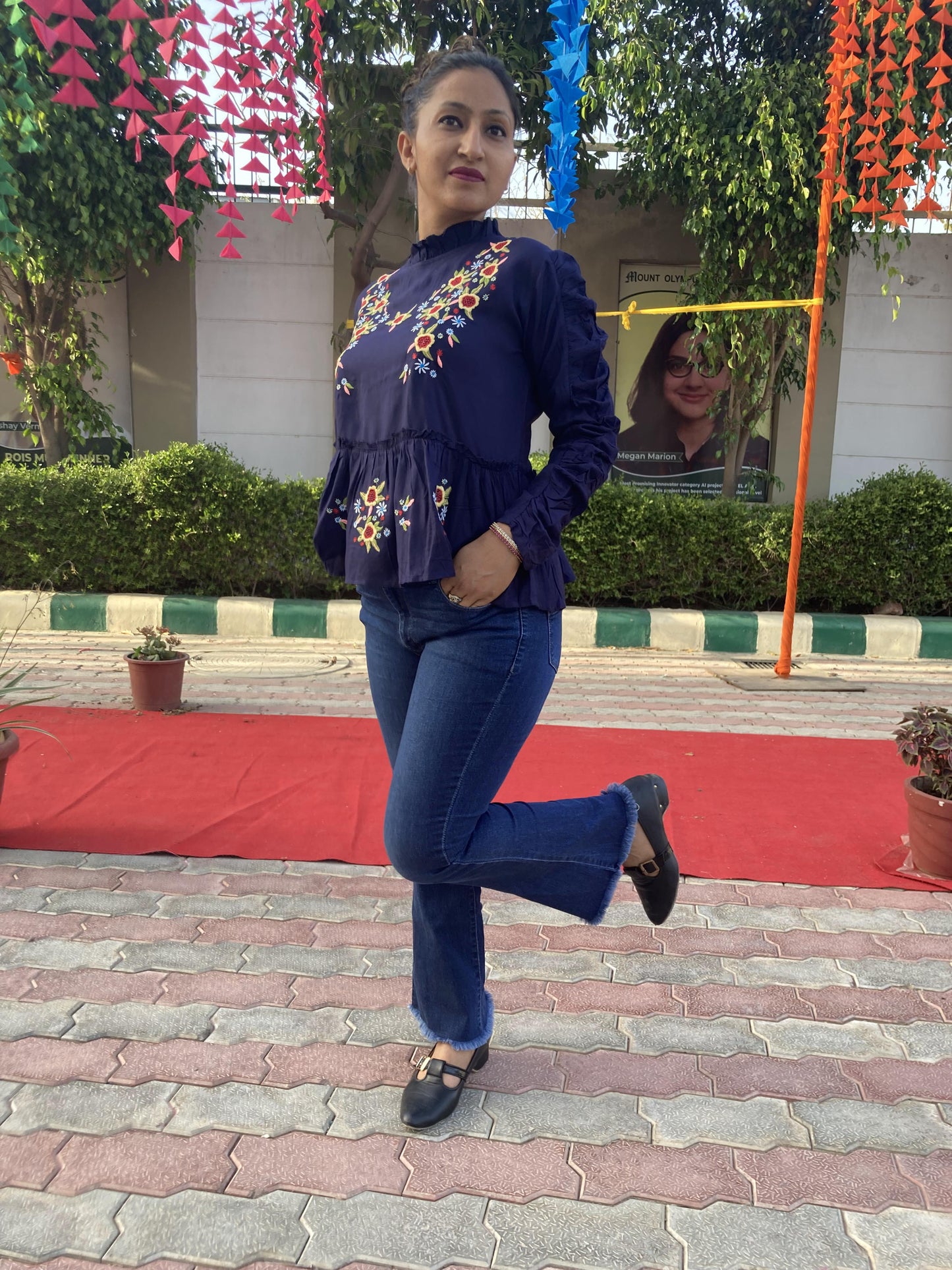 Blue Embroidery Western Top