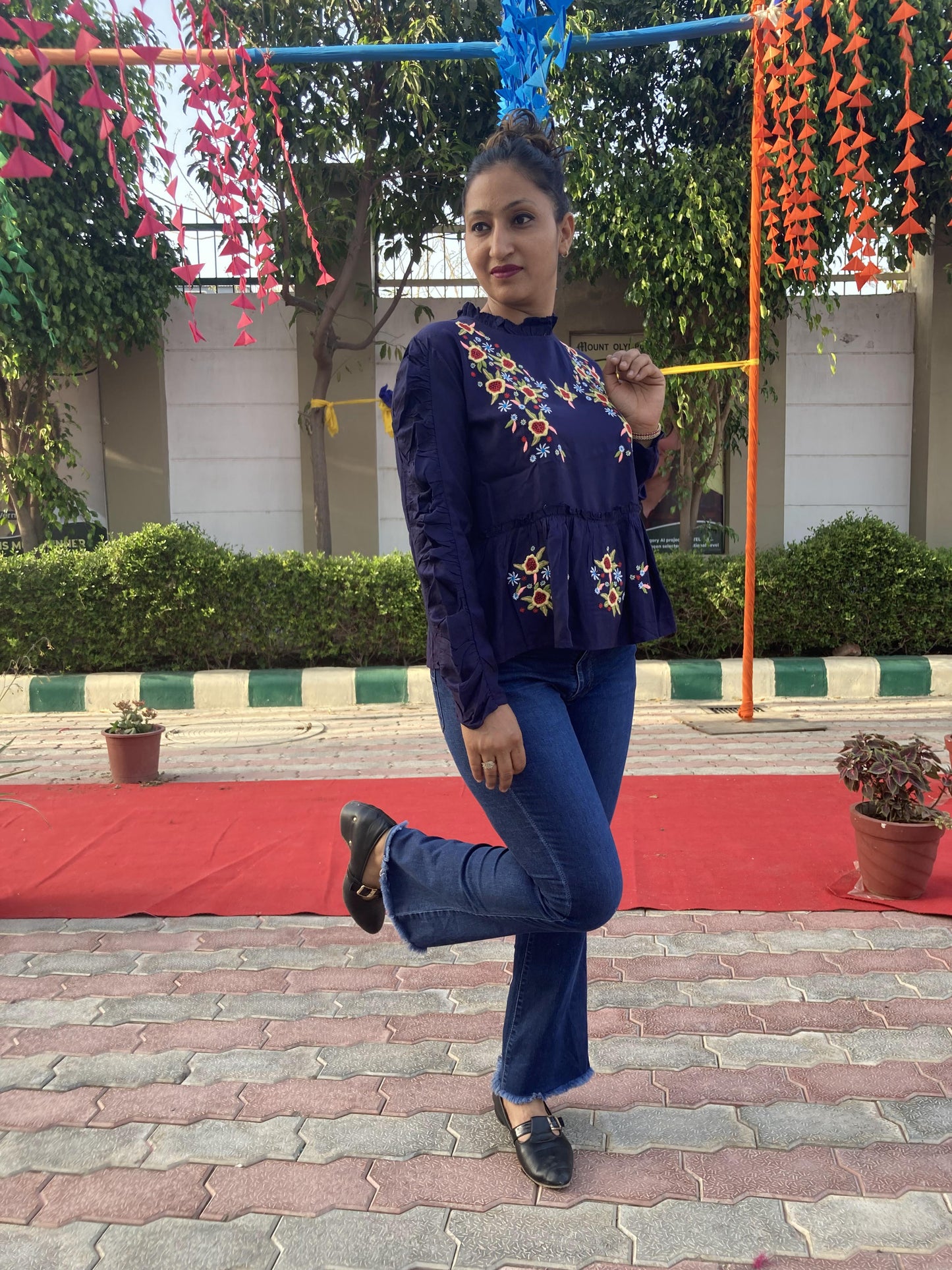 Blue Embroidery Western Top