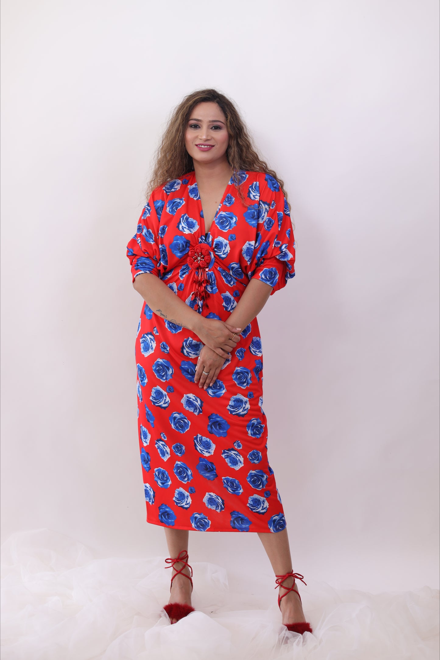 Red Printed Drape Middy Dress