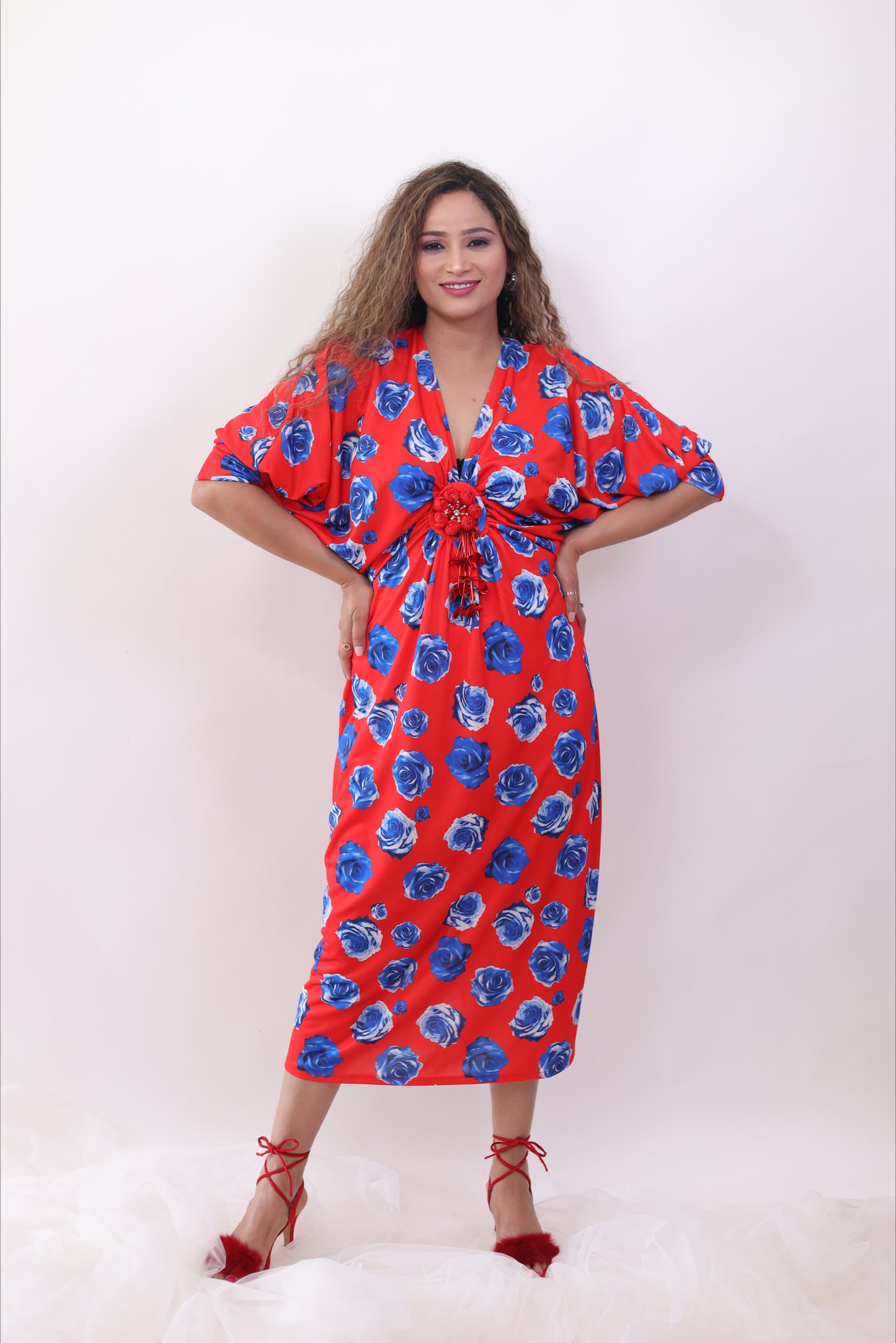 Red Printed Drape Middy Dress