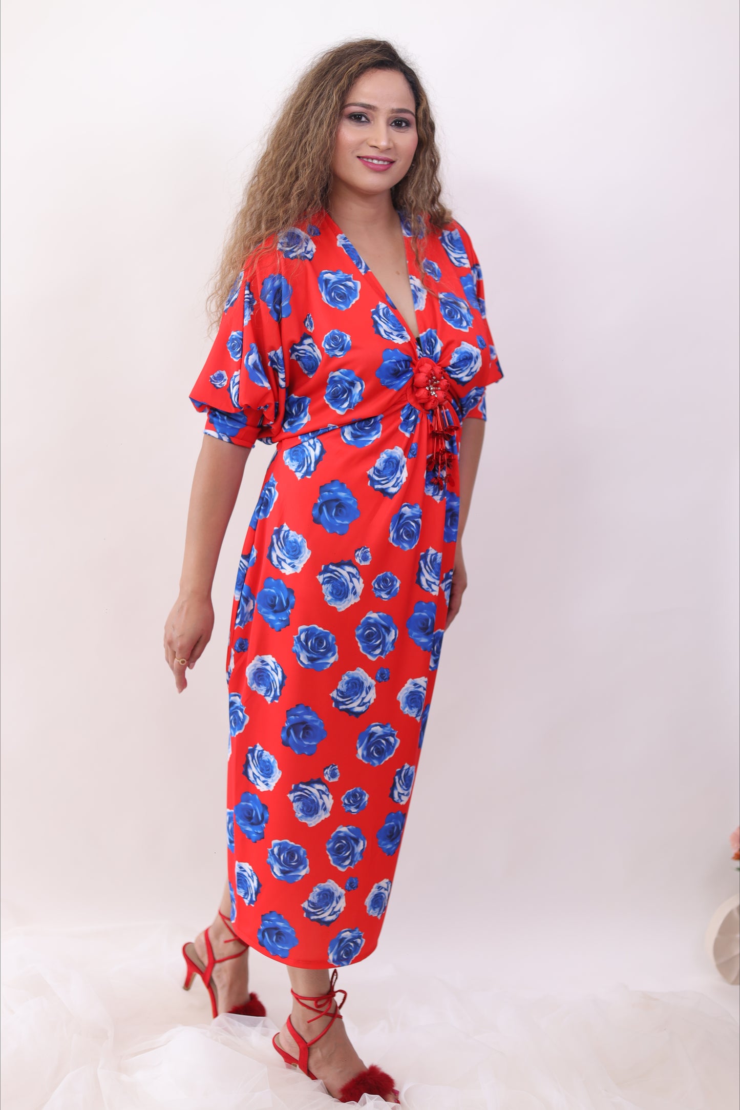 Red Printed Drape Middy Dress