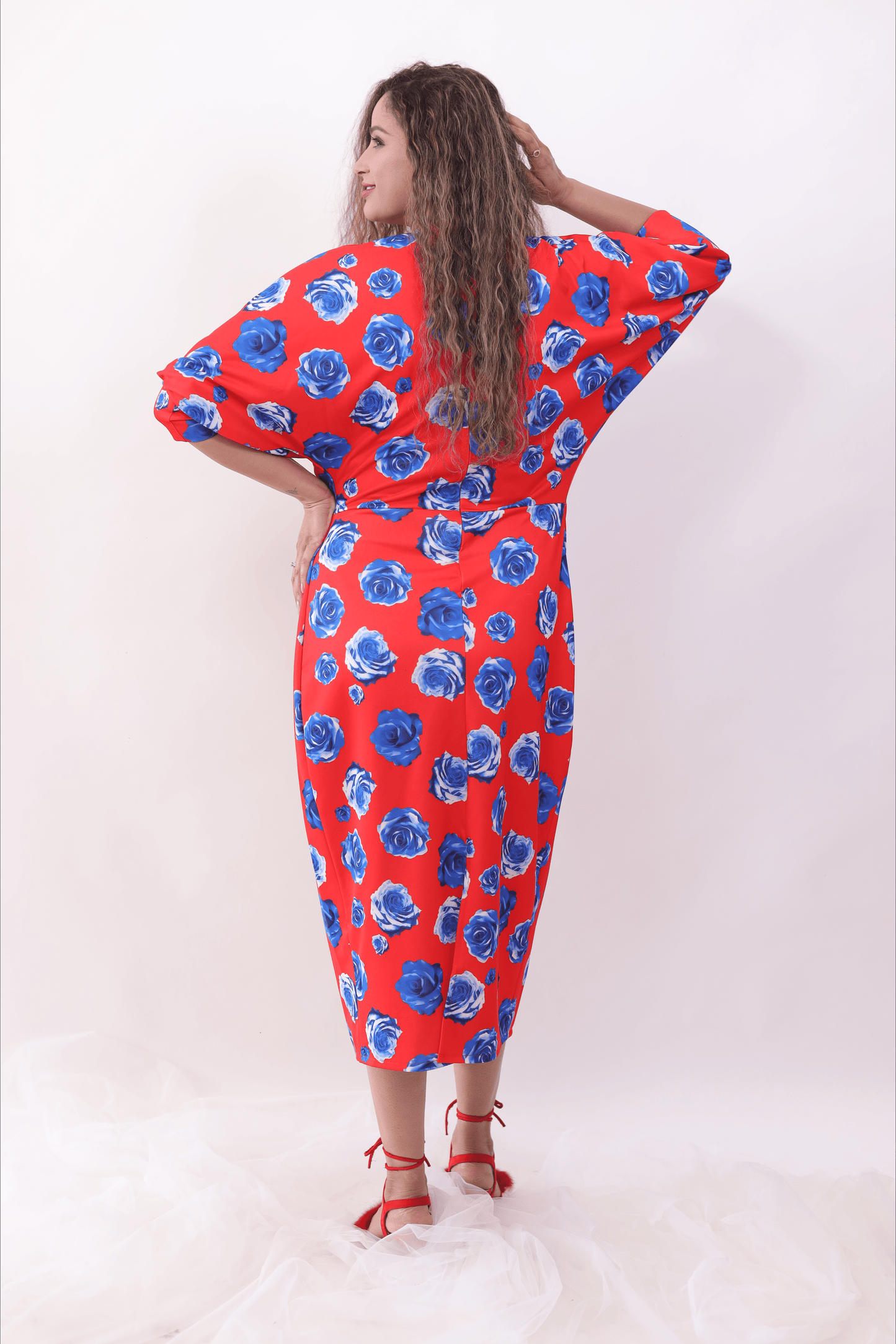 Red Printed Drape Middy Dress