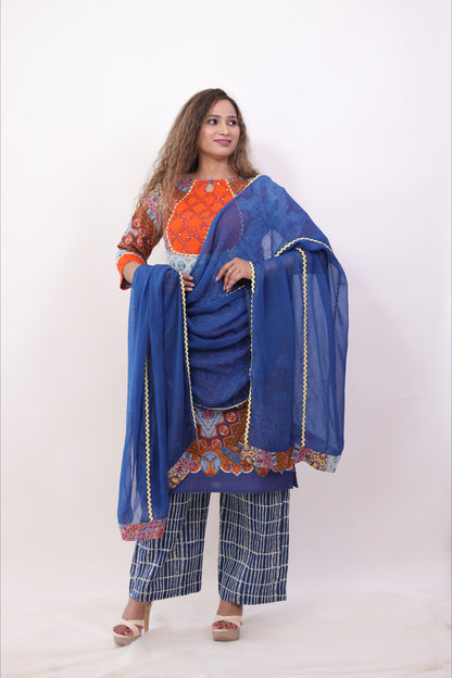 Blue orange printed cotton (Set of 3) suit Set