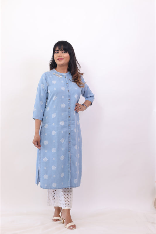 Denim Blue Printed straight kurta Set