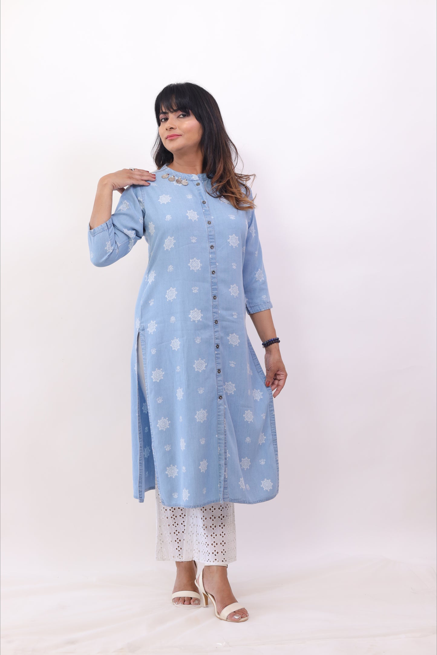 Denim Blue Printed straight kurta Set