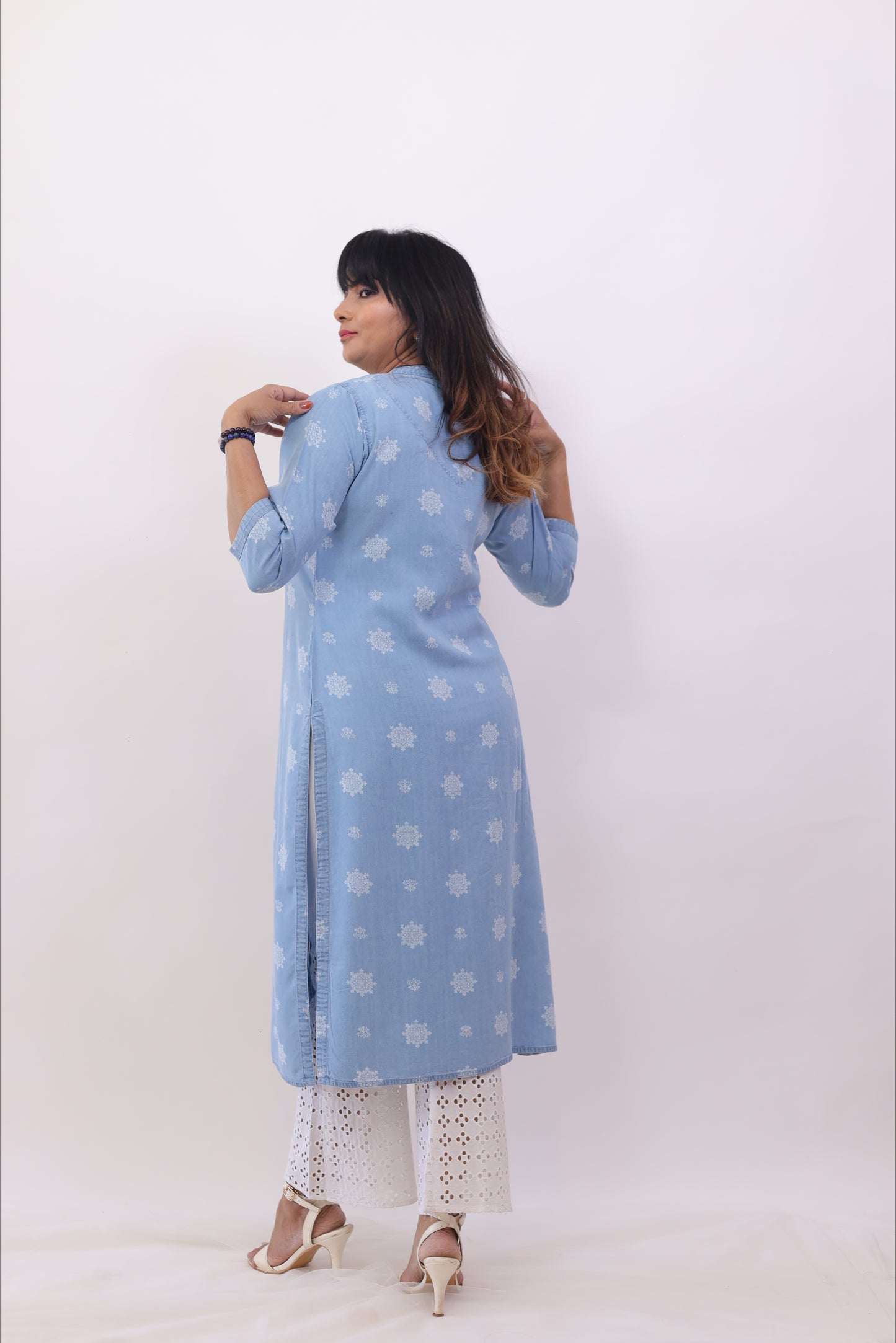 Denim Blue Printed straight kurta Set