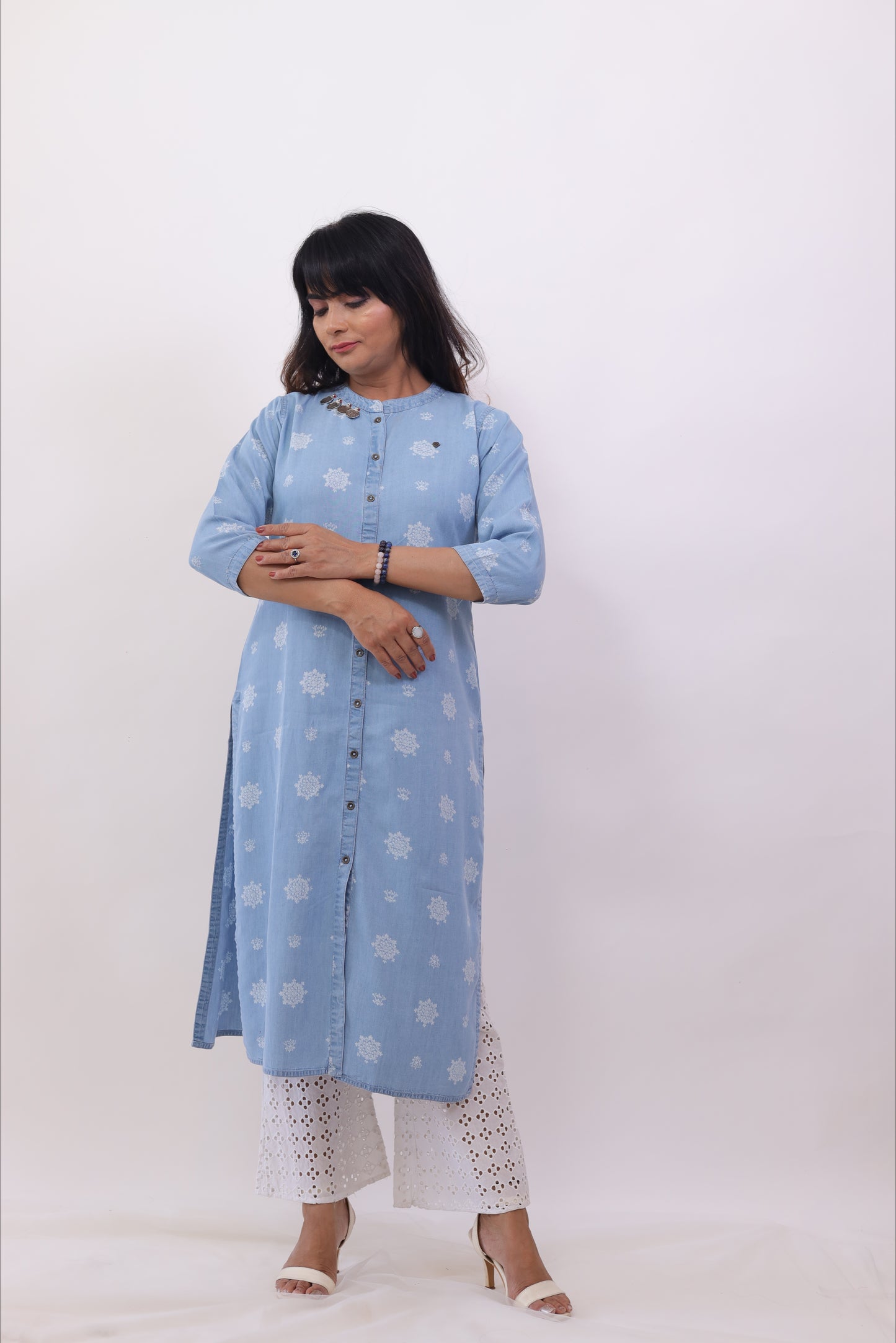 Denim Blue Printed straight kurta Set