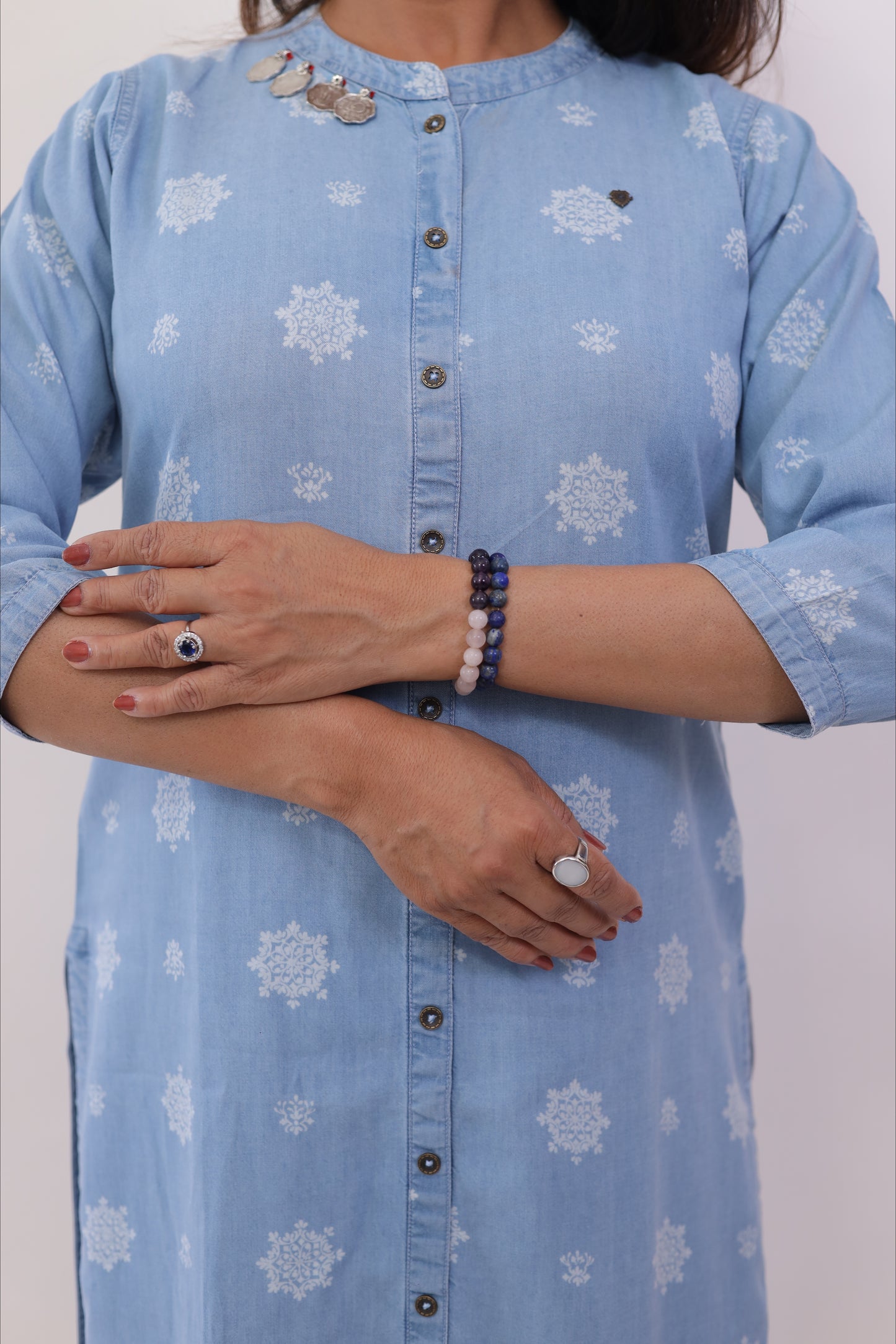 Denim Blue Printed straight kurta Set