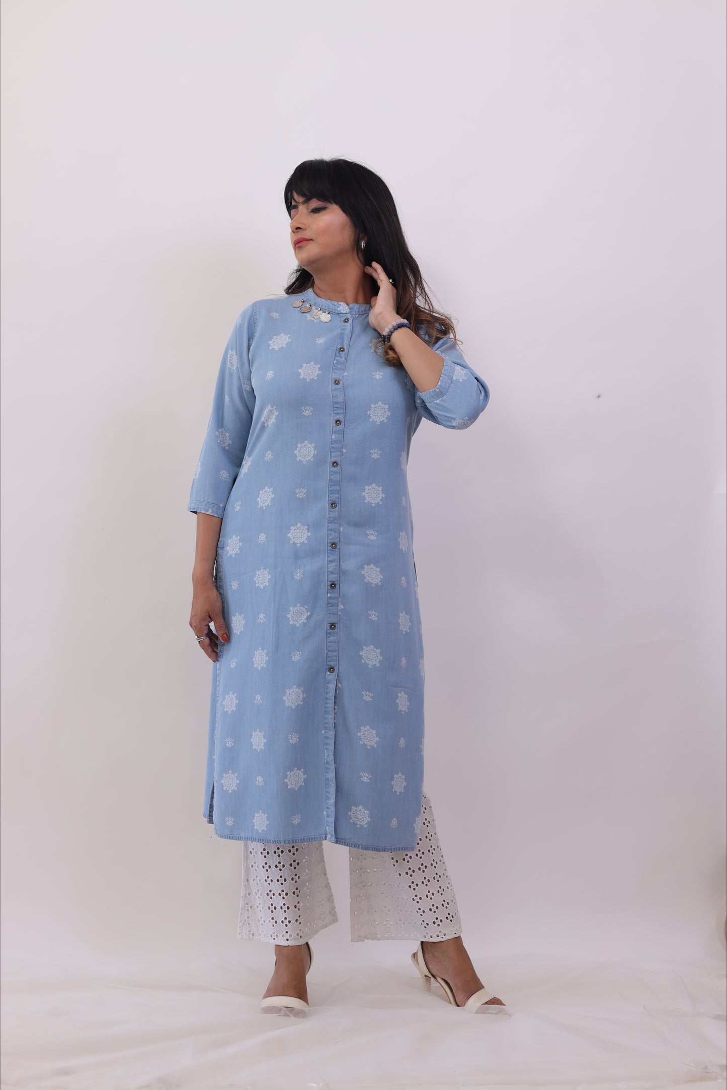 Denim Blue Printed straight kurta Set