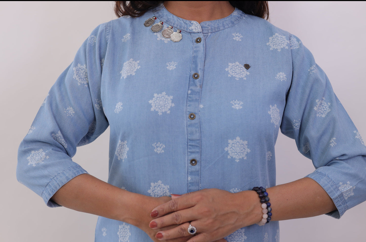 Denim Blue Printed straight kurta Set