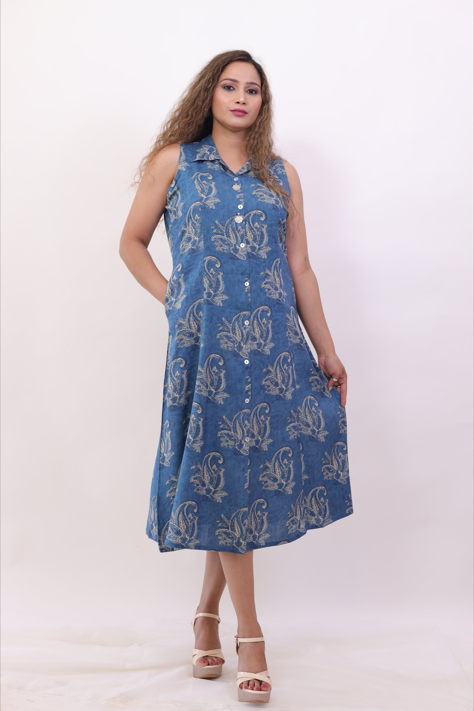 Indigo Blue Printed Cotton A-line dress 'N' Wears Boutique Indigo Blue Printed Cotton A-line dress 'N' Wears Boutique