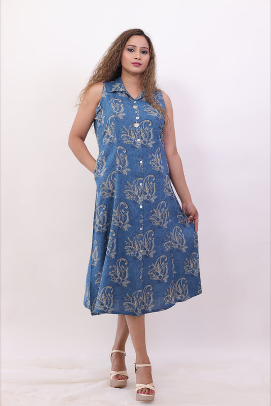 Indigo Blue Printed Cotton A-line dress