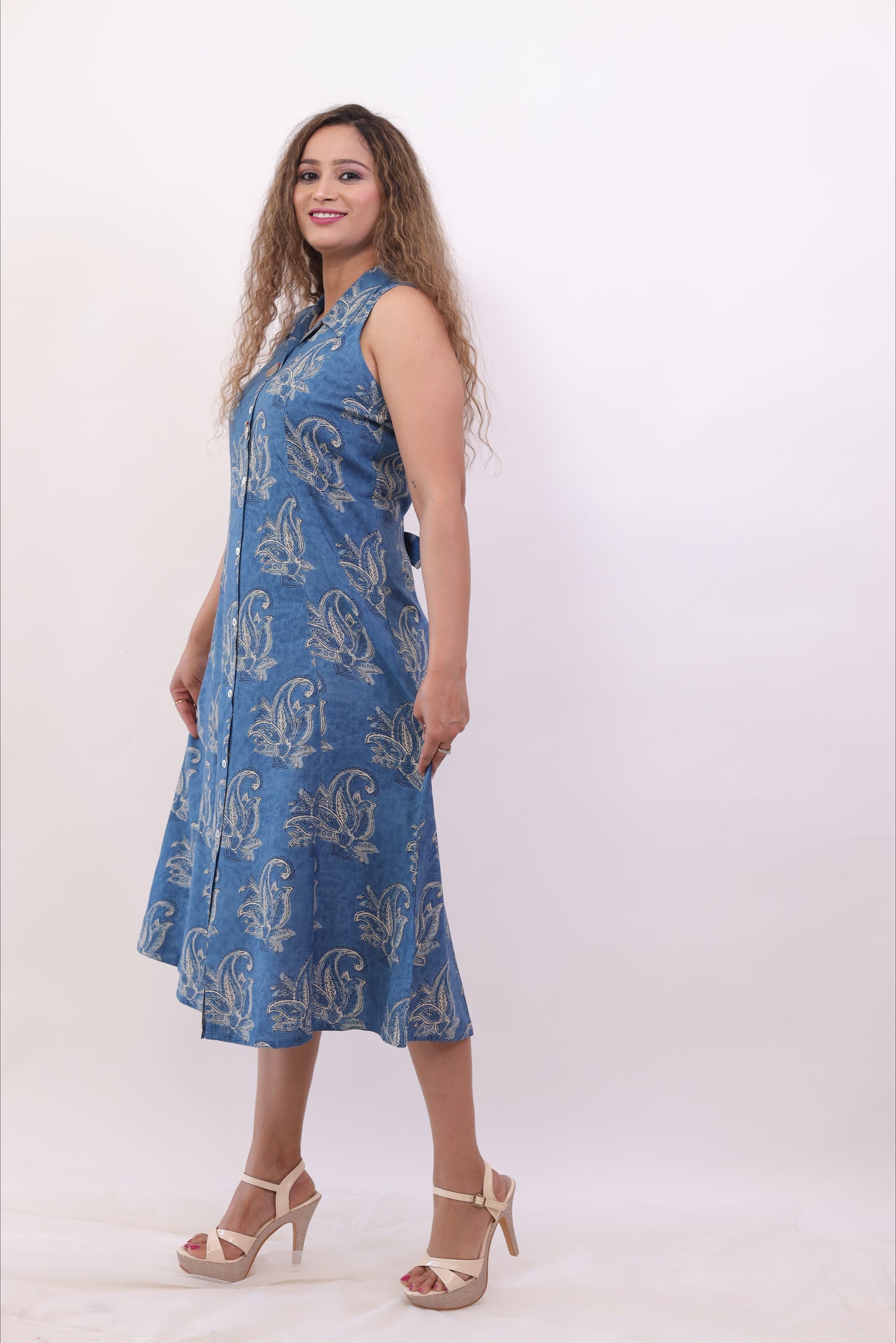 Indigo Blue Printed Cotton A-line dress