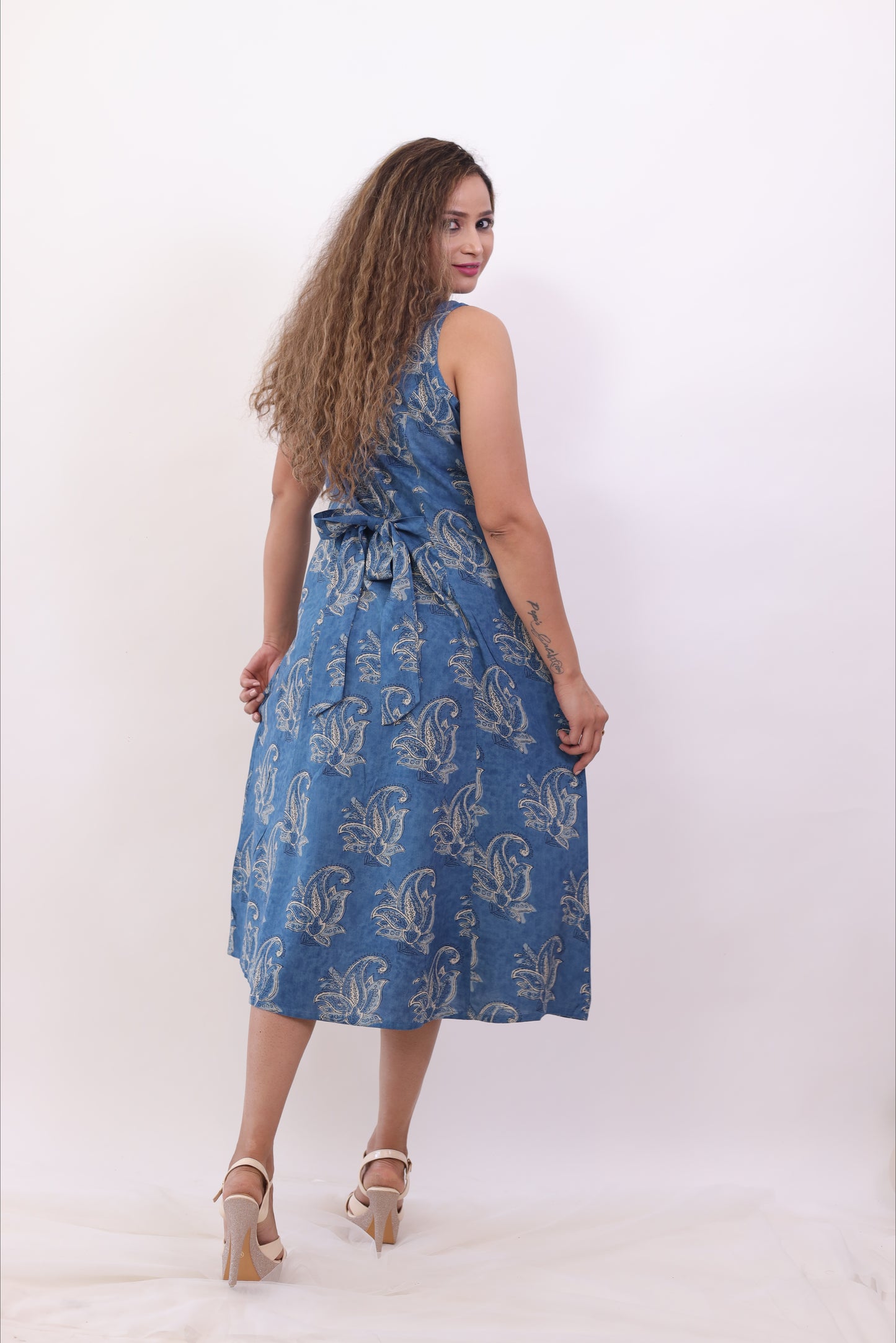 Indigo Blue Printed Cotton A-line dress