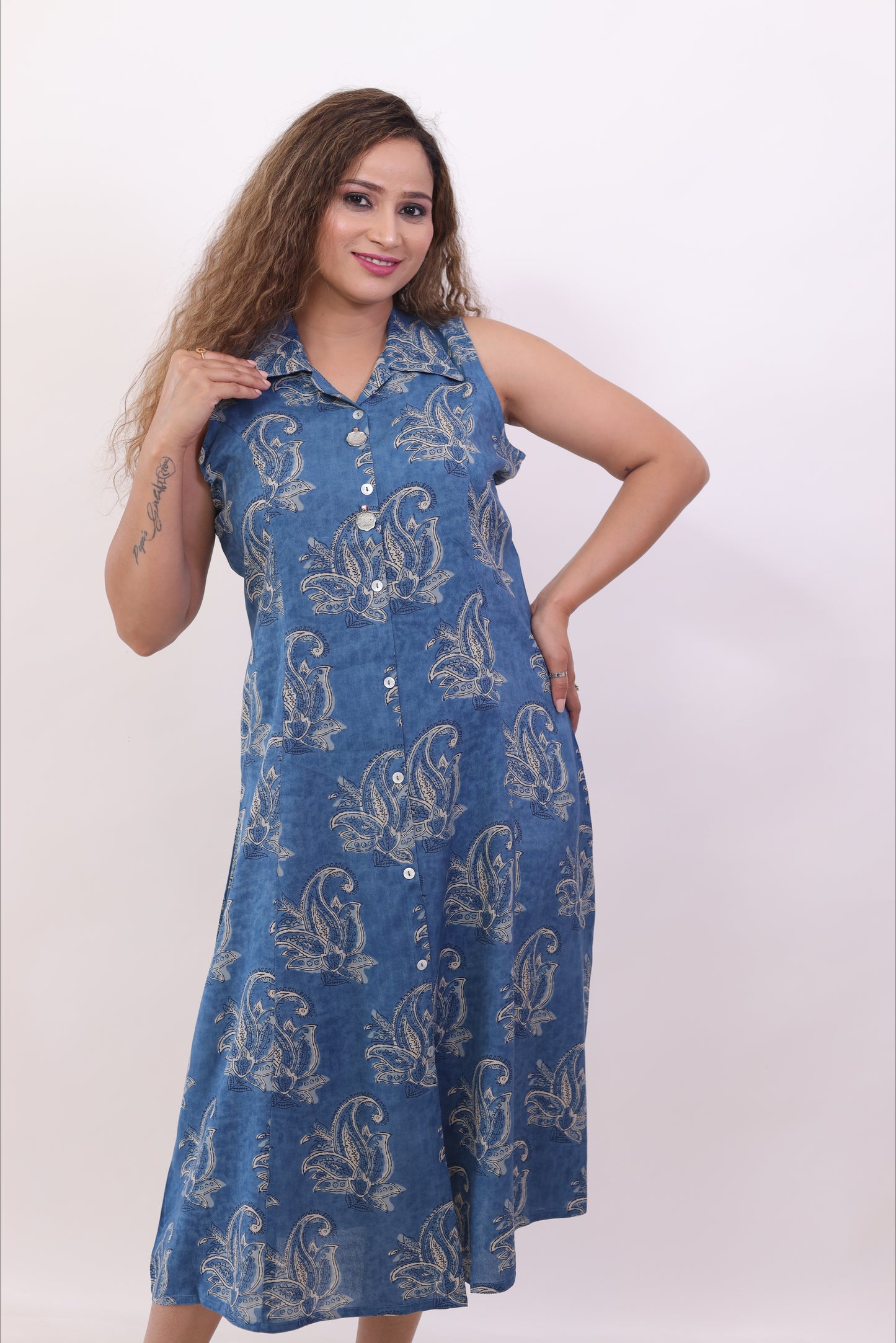 Indigo Blue Printed Cotton A-line dress