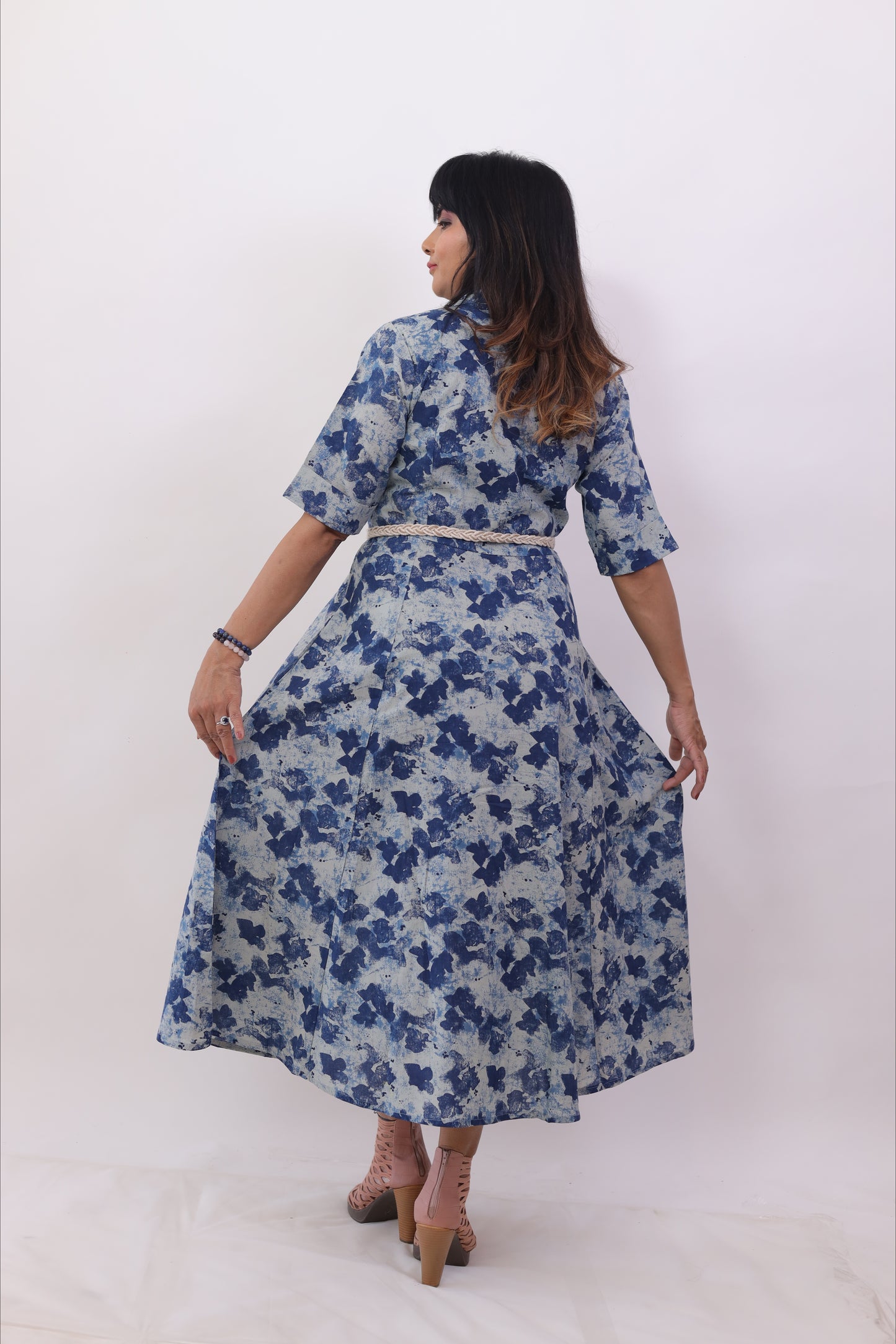 Indigo Blue printed cotton middy dress