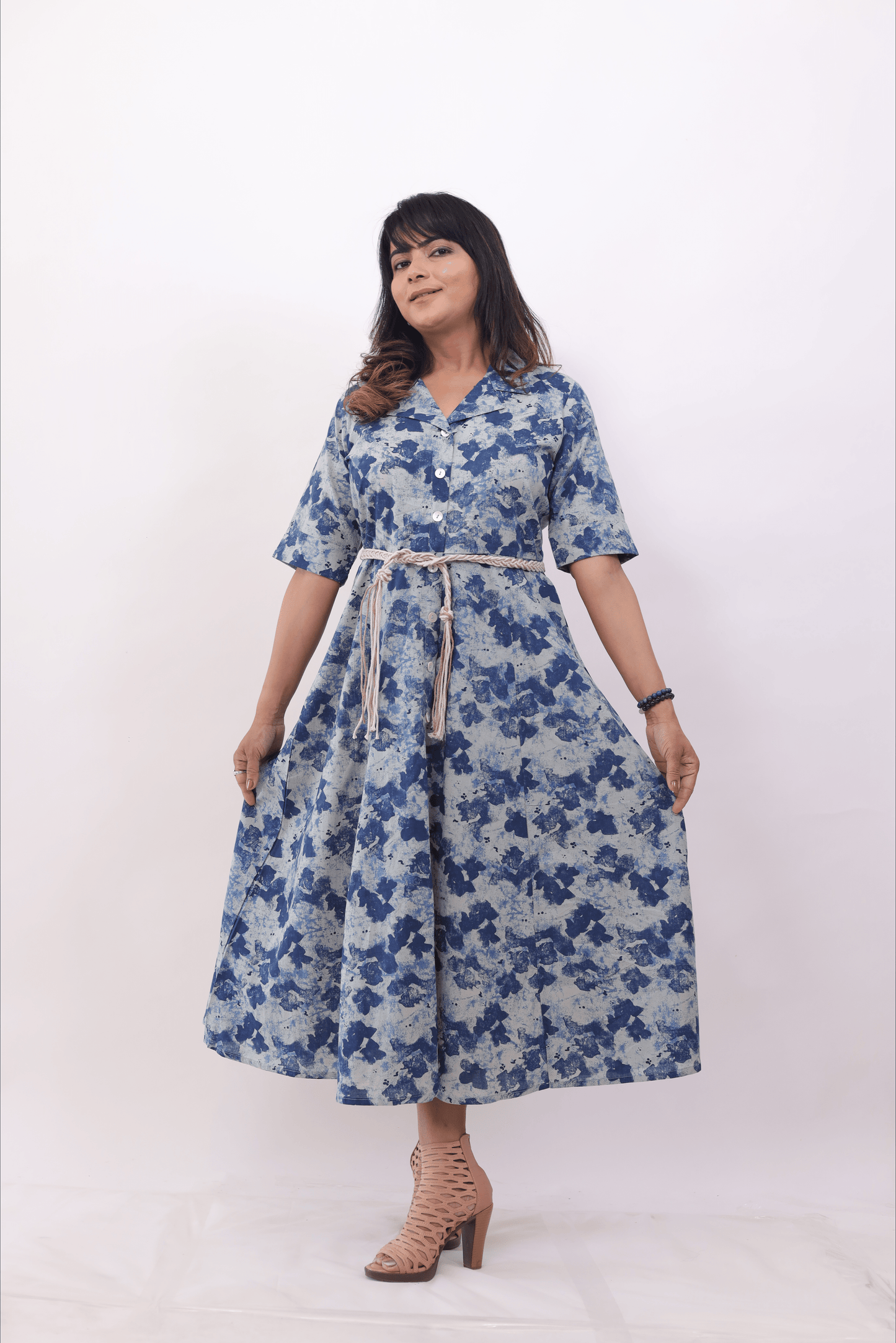 Indigo Blue printed cotton middy dress