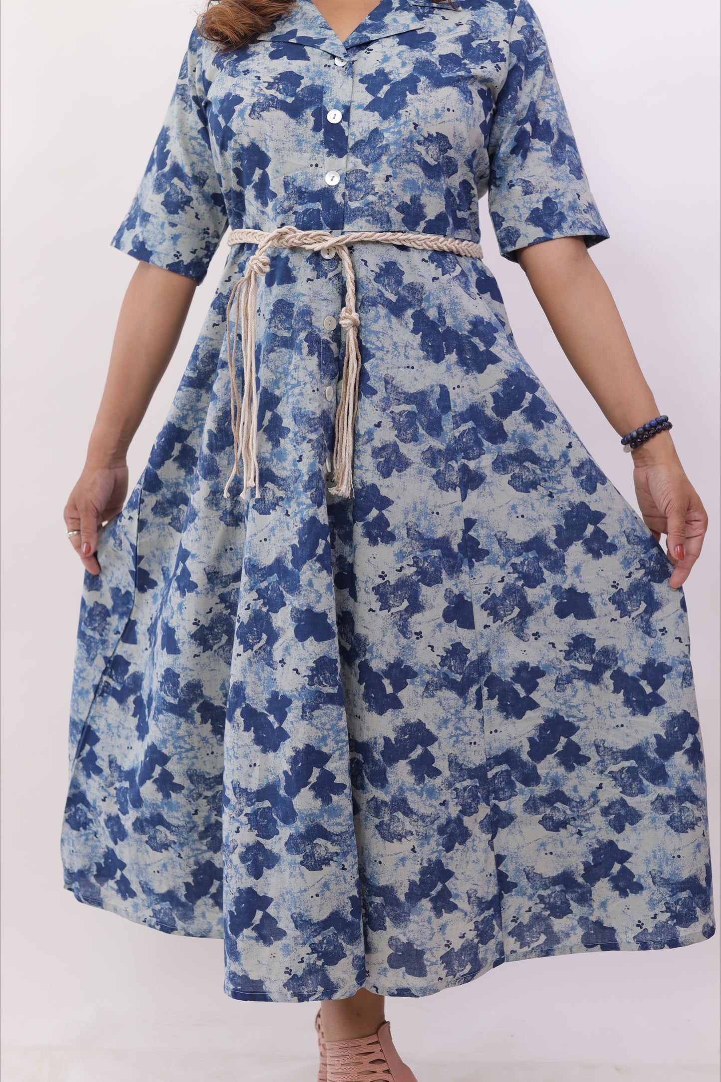 Indigo Blue printed cotton middy dress