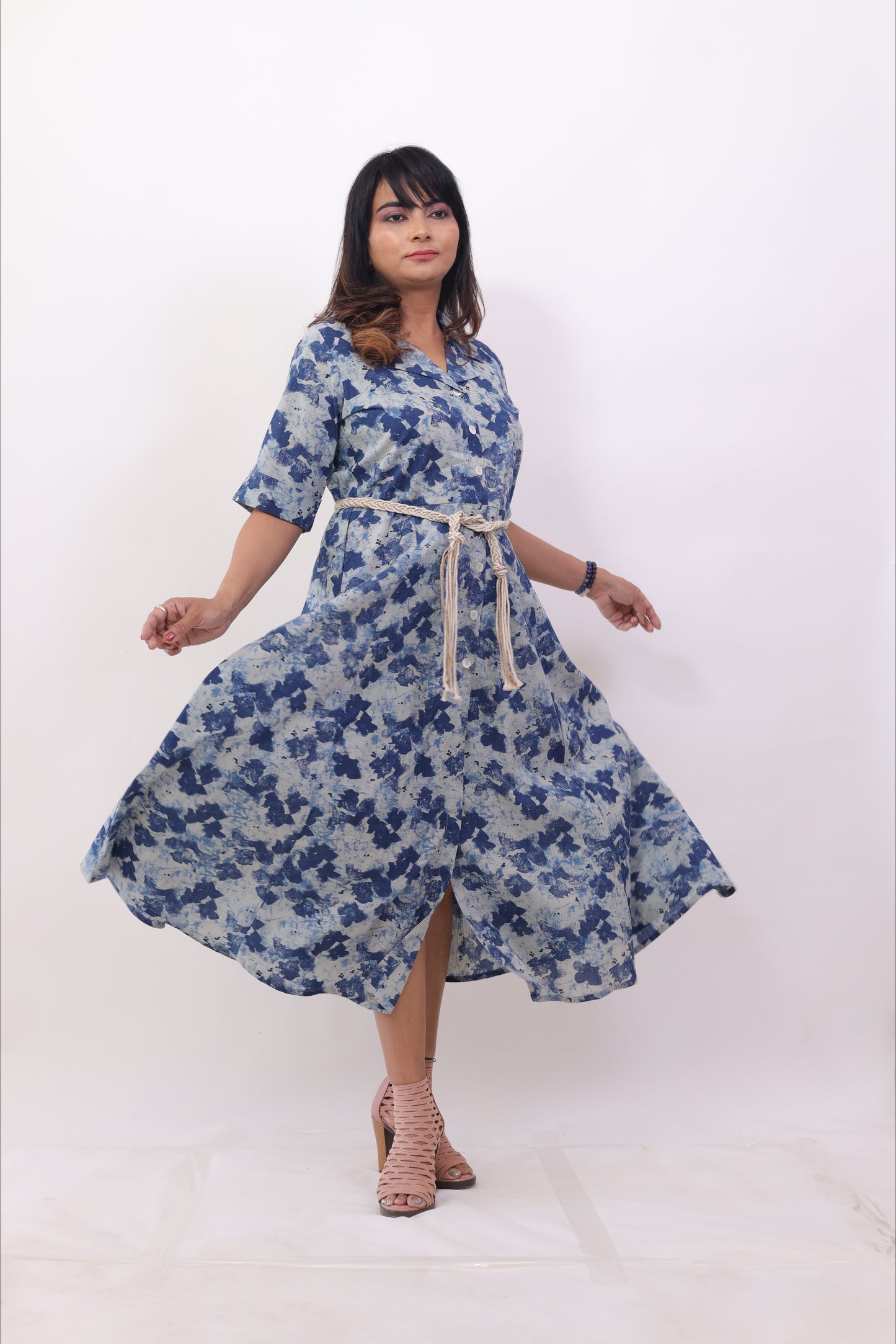 Indigo Blue printed cotton middy dress