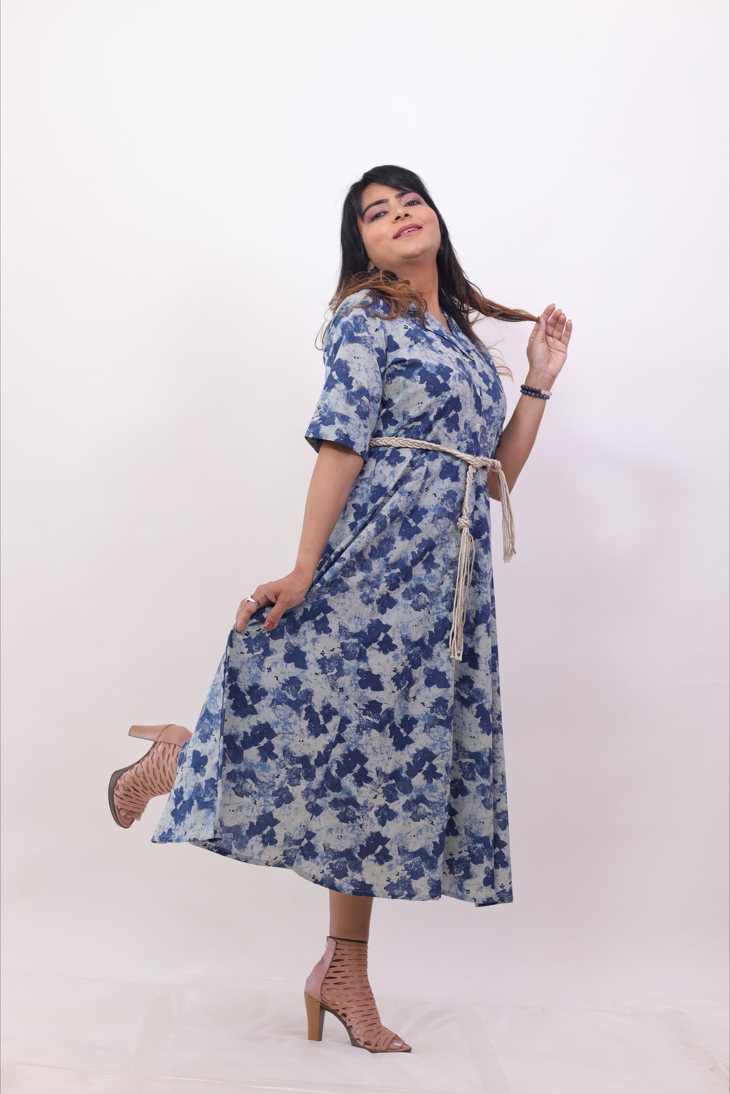 Indigo Blue printed cotton middy dress