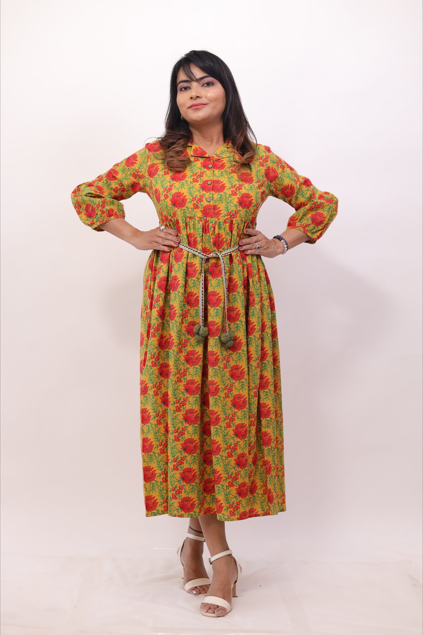 Mustard Yellow Cotton Printed Belted Middy Dress