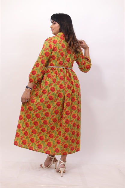 Mustard Yellow Cotton Printed Belted Middy Dress