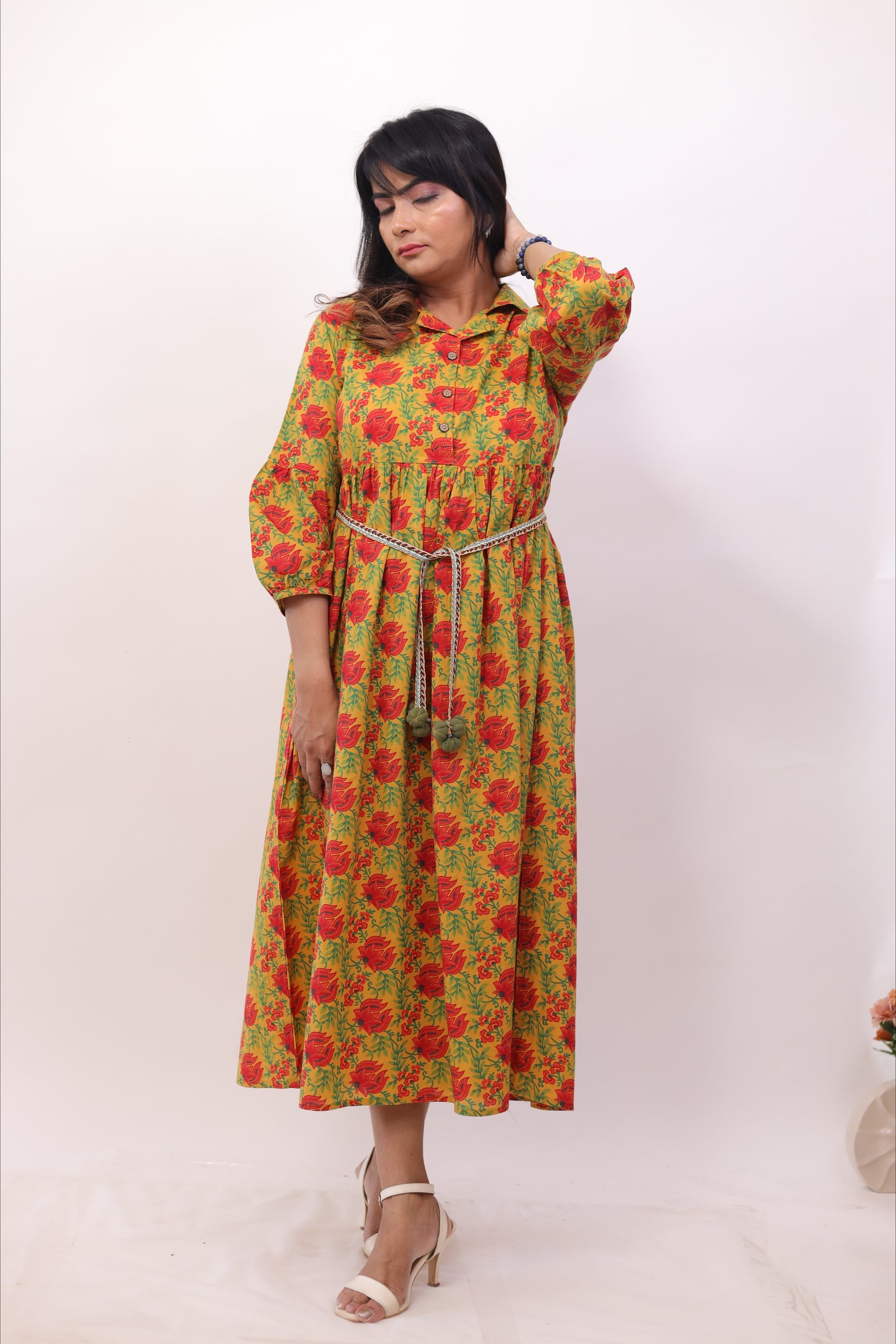 Mustard Yellow Cotton Printed Belted Middy Dress