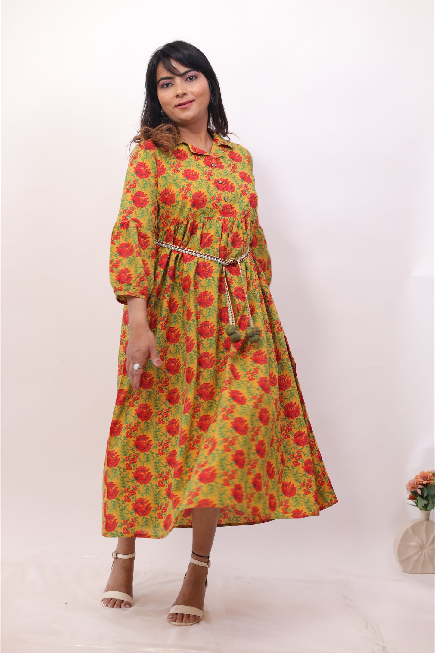 Mustard Yellow Cotton Printed Belted Middy Dress