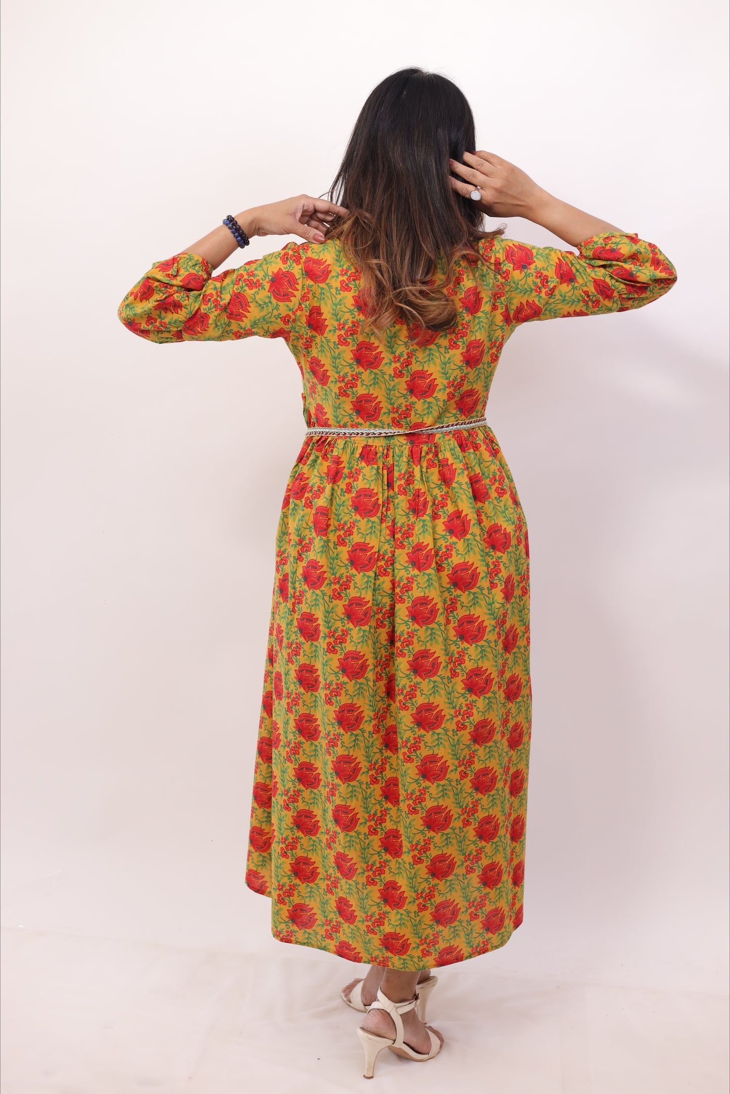 Mustard Yellow Cotton Printed Belted Middy Dress