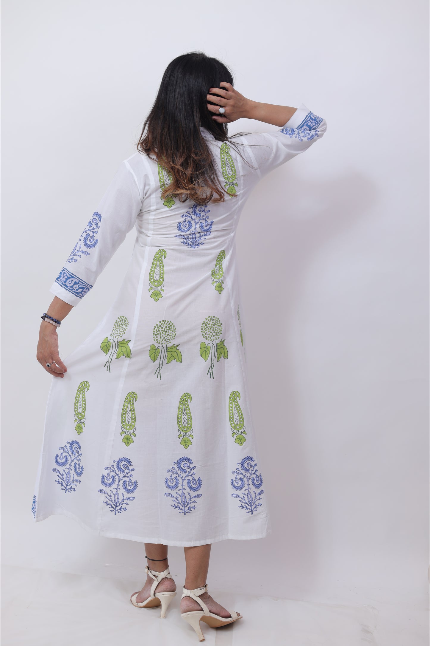 White Block printed kurta kalidaar Anarkali Dress