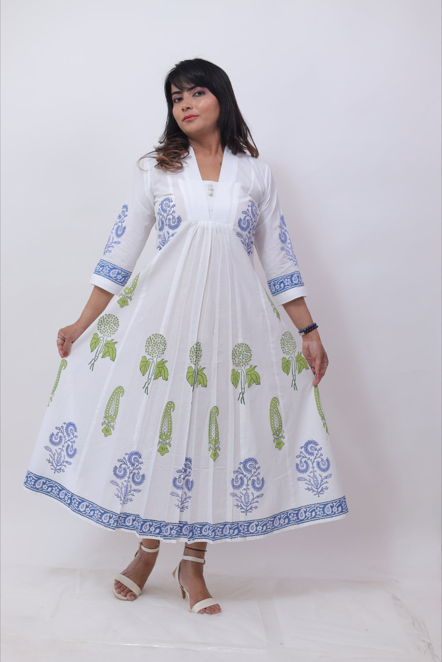 White Block printed kurta kalidaar Anarkali Dress