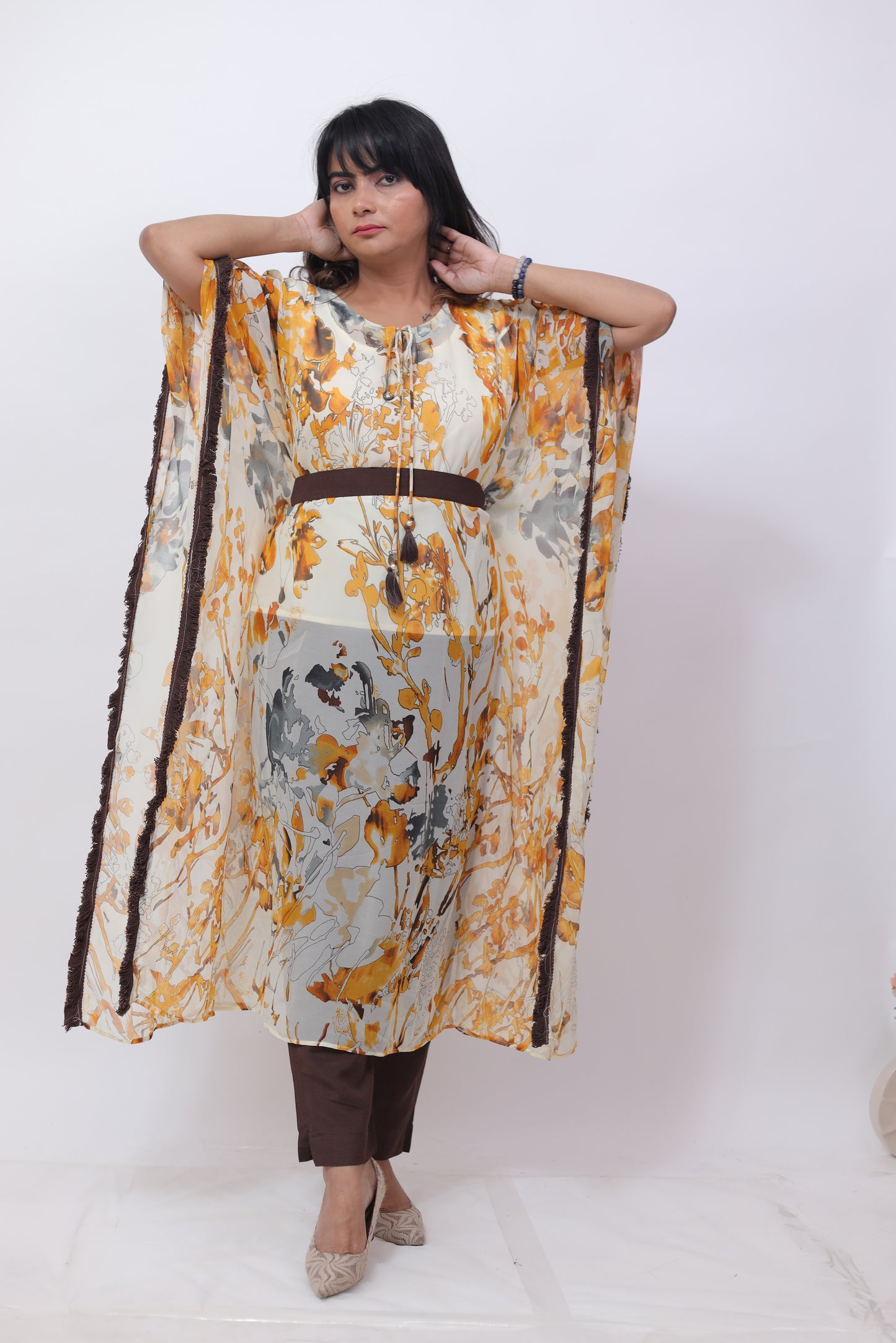 Cream Brown Semi Georgette kaftaan Dress