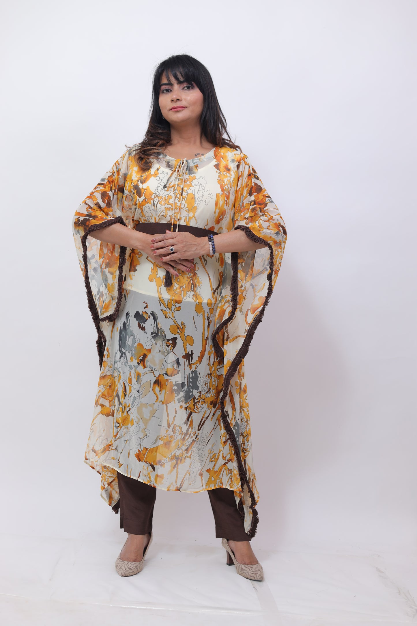 Cream Brown Semi Georgette kaftaan Dress