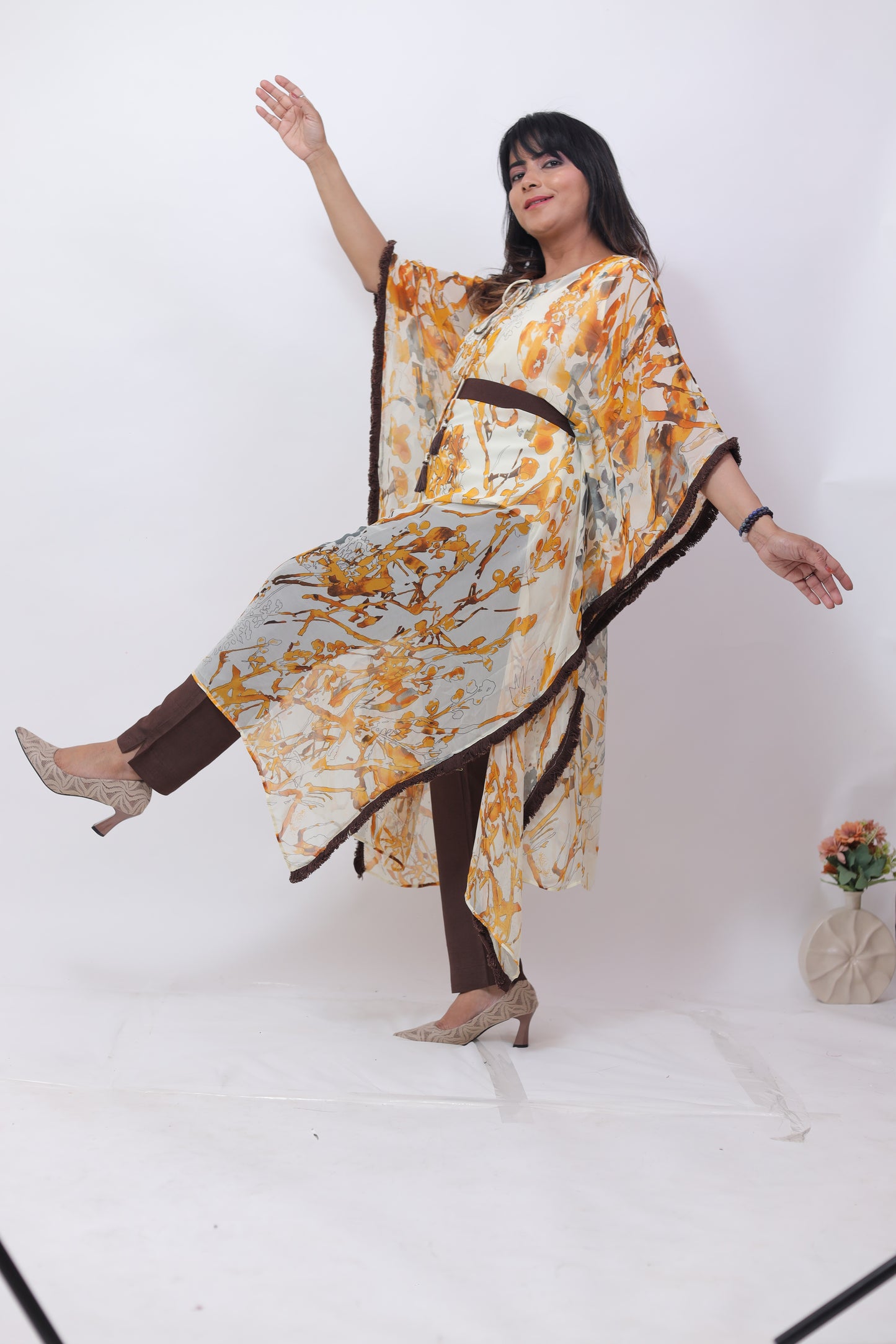 Cream Brown Semi Georgette kaftaan Dress