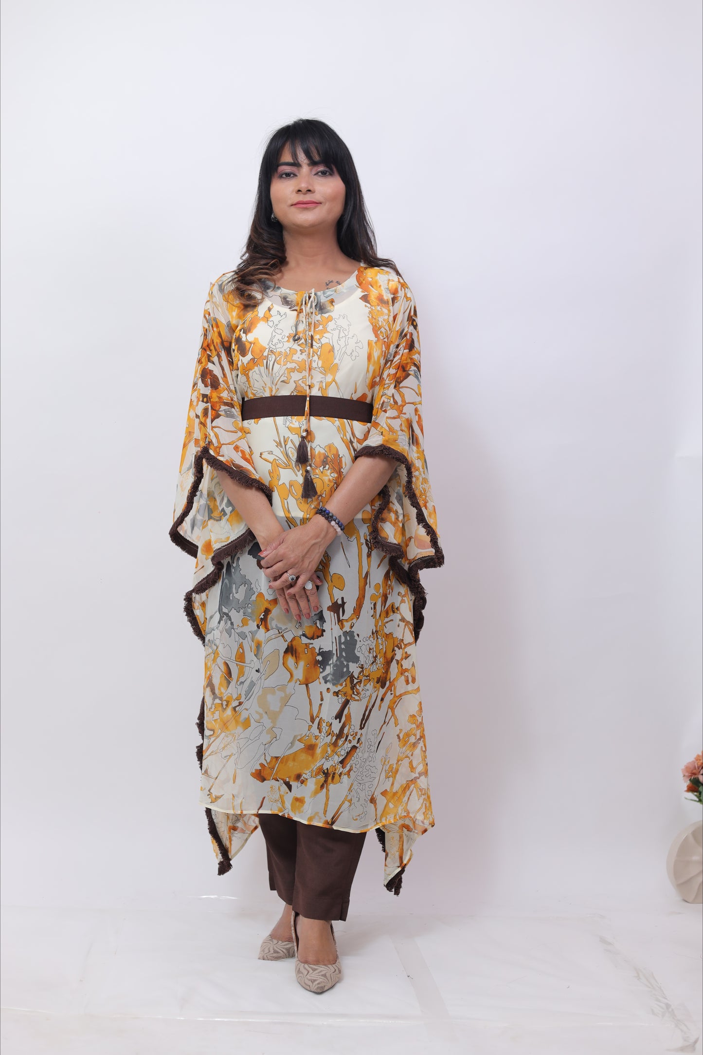 Cream Brown Semi Georgette kaftaan Dress