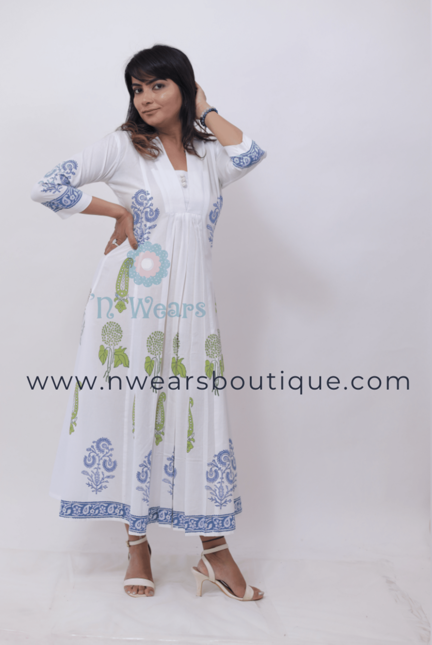 White Block printed kurta kalidaar Anarkali Dress