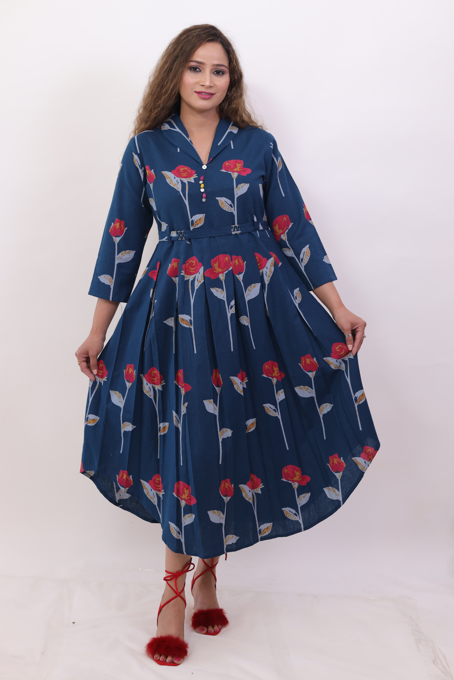 Floral Cotton Shawl Collar Middy Dress