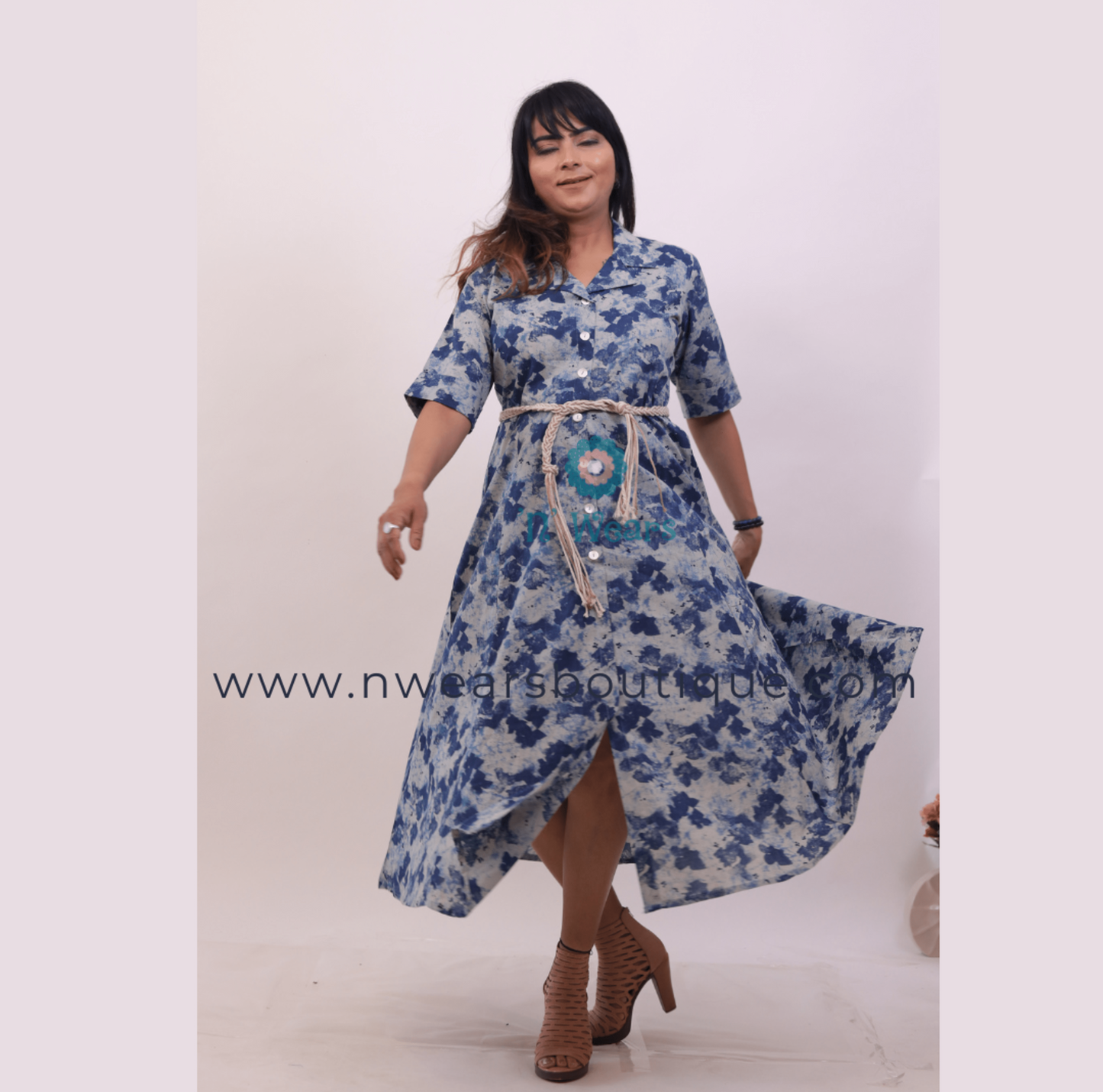 Indigo Blue printed cotton middy dress