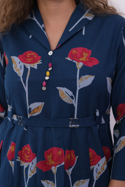 Floral Cotton Shawl Collar Middy Dress