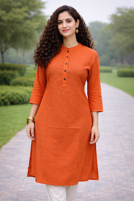 Orange pure cotton office wear straight Kurti Set