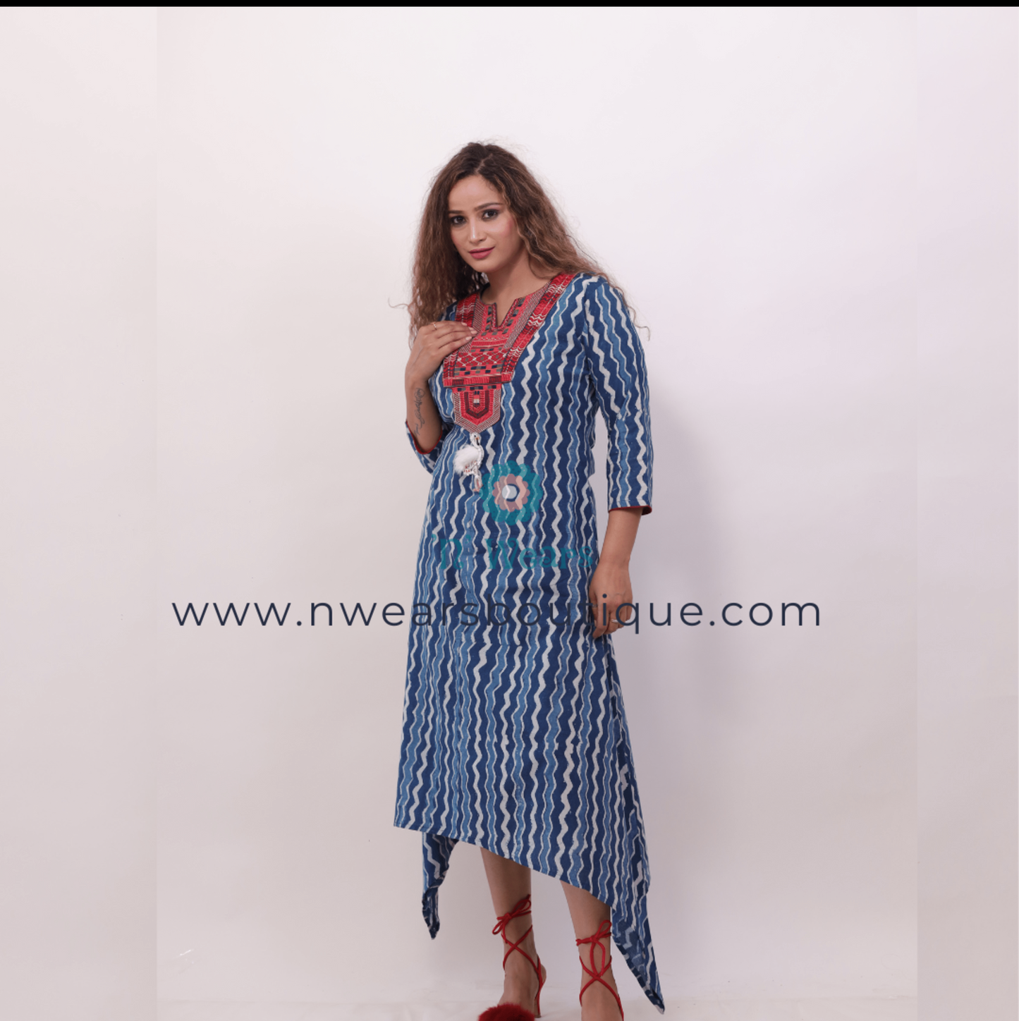 Indigo Blue Printed Cotton Fusion kurta Set