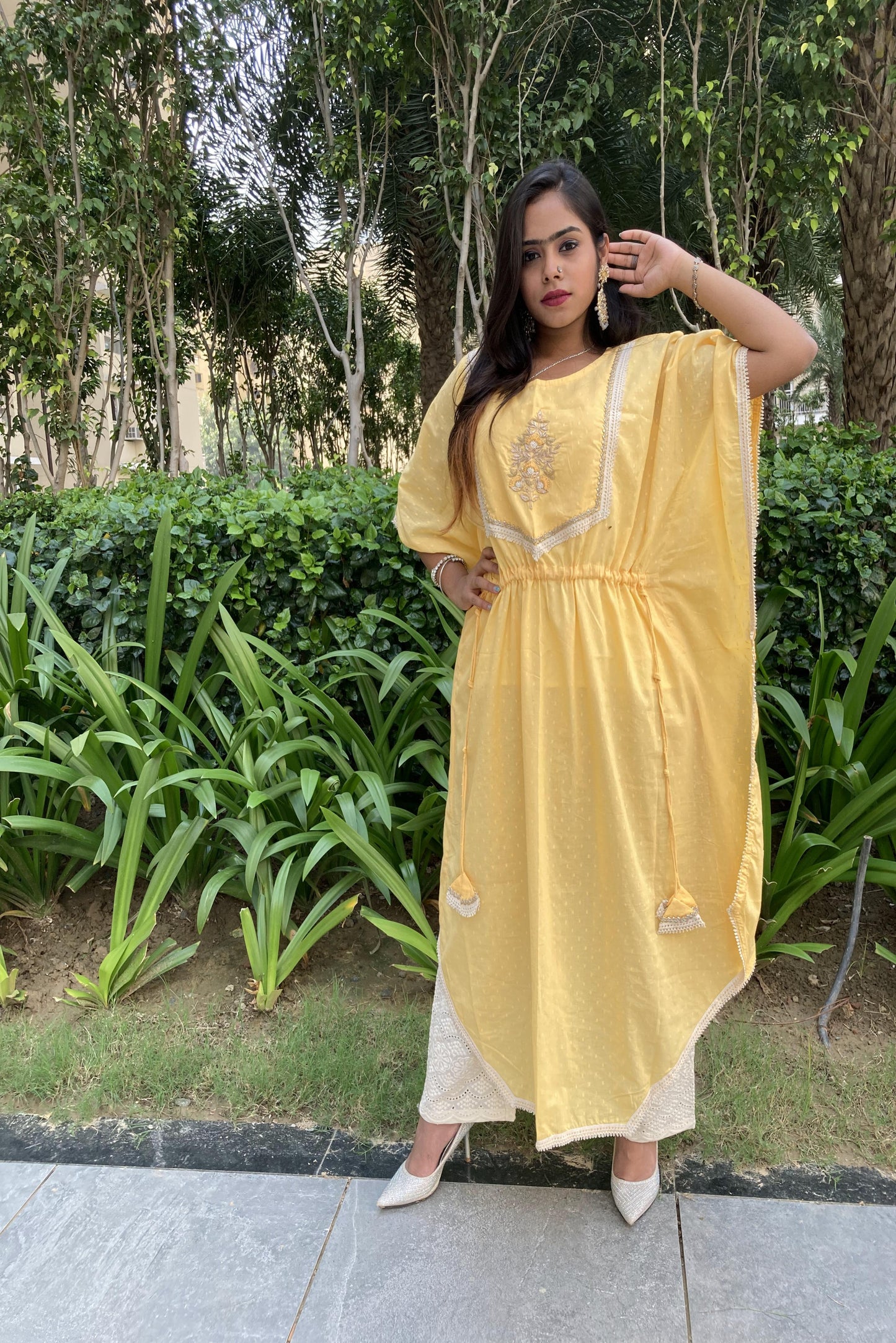 Yellow Cotton Hand Work Kaftan Set