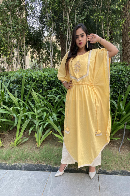 Yellow Cotton Hand Work Kaftan Set